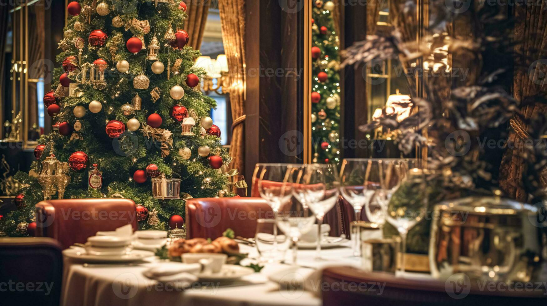 AI generated Christmas holidays and New Year celebration, dinner table at a luxury English styled restaurant or hotel interior, Christmas tree decoration, holiday party and event invitation photo