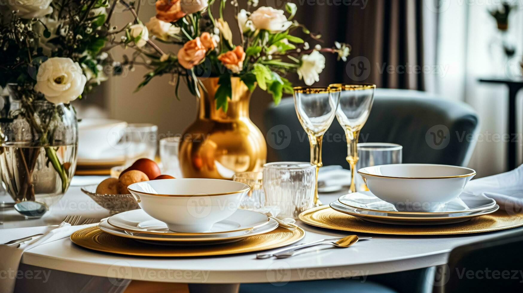AI generated Christmas holiday family breakfast, table setting decor and festive tablescape, English country and home styling photo