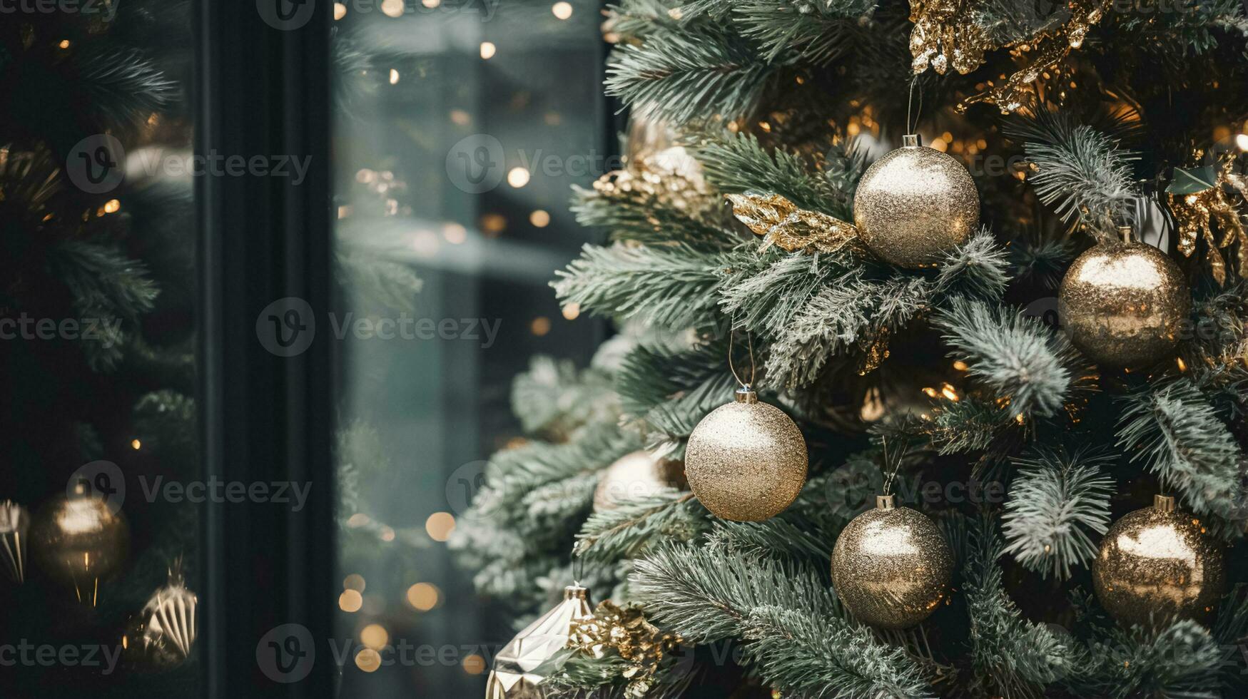 AI generated Christmas decoration details on English styled luxury high street city store door or shopping window display, holiday sale and shop decor photo