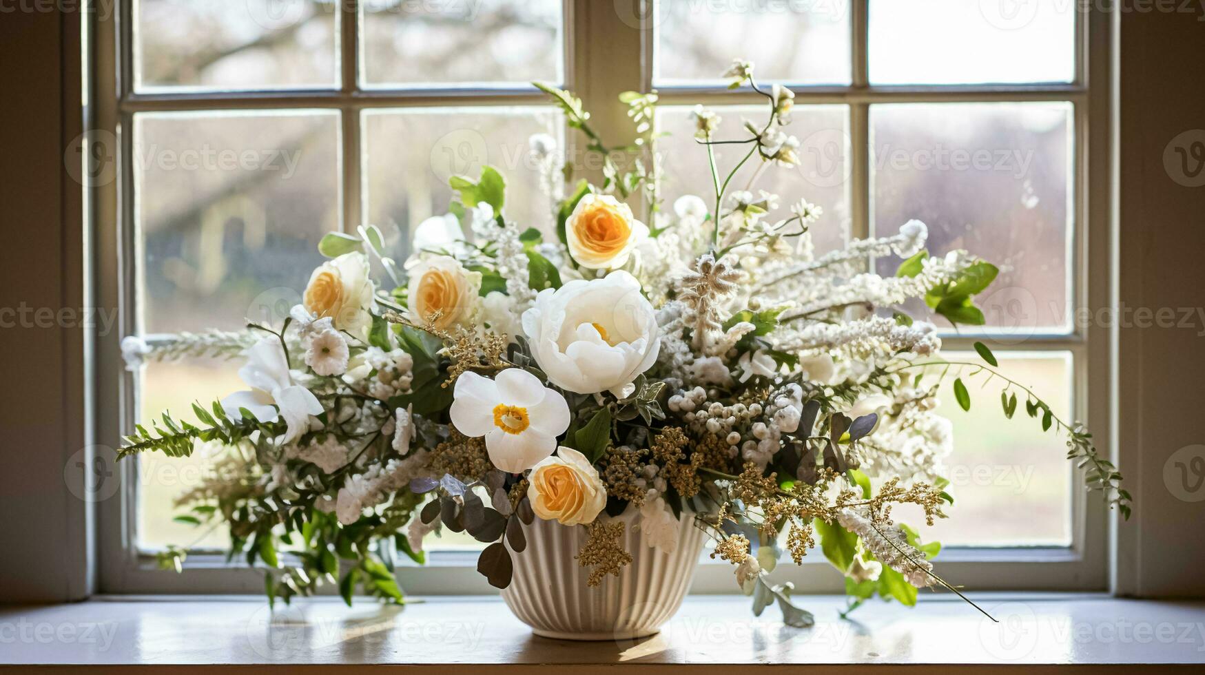 AI generated Floral arrangement with winter, autumn or early spring botanical plants and flowers photo