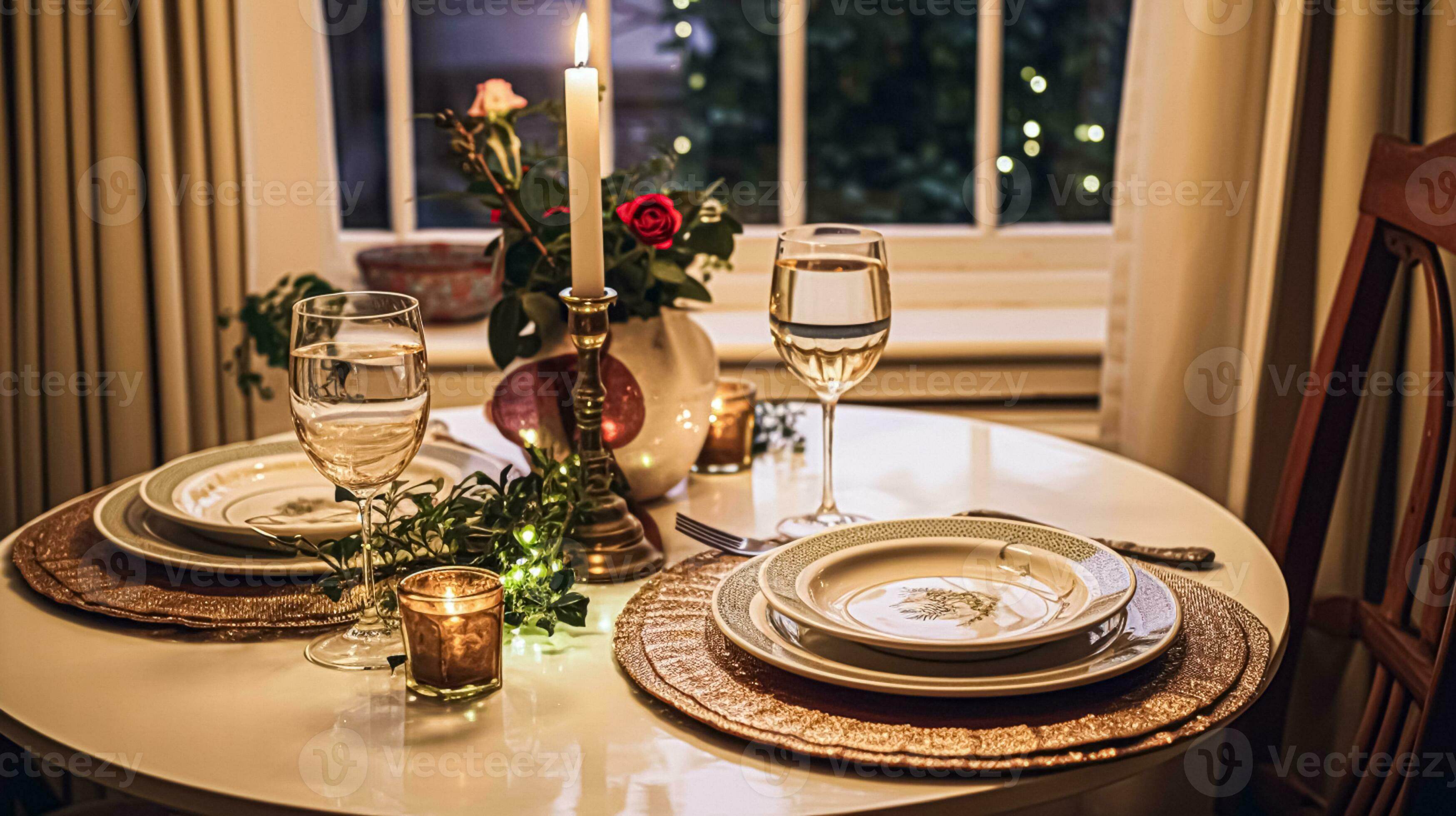 AI generated Festive date night tablescape idea, dinner table setting