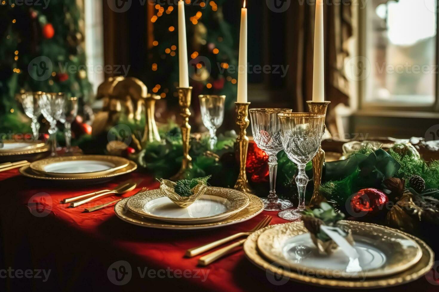 AI generated Christmas table scape, elegant formal dinner table setting, tablescape with holiday decoration for party event celebration, generative ai photo