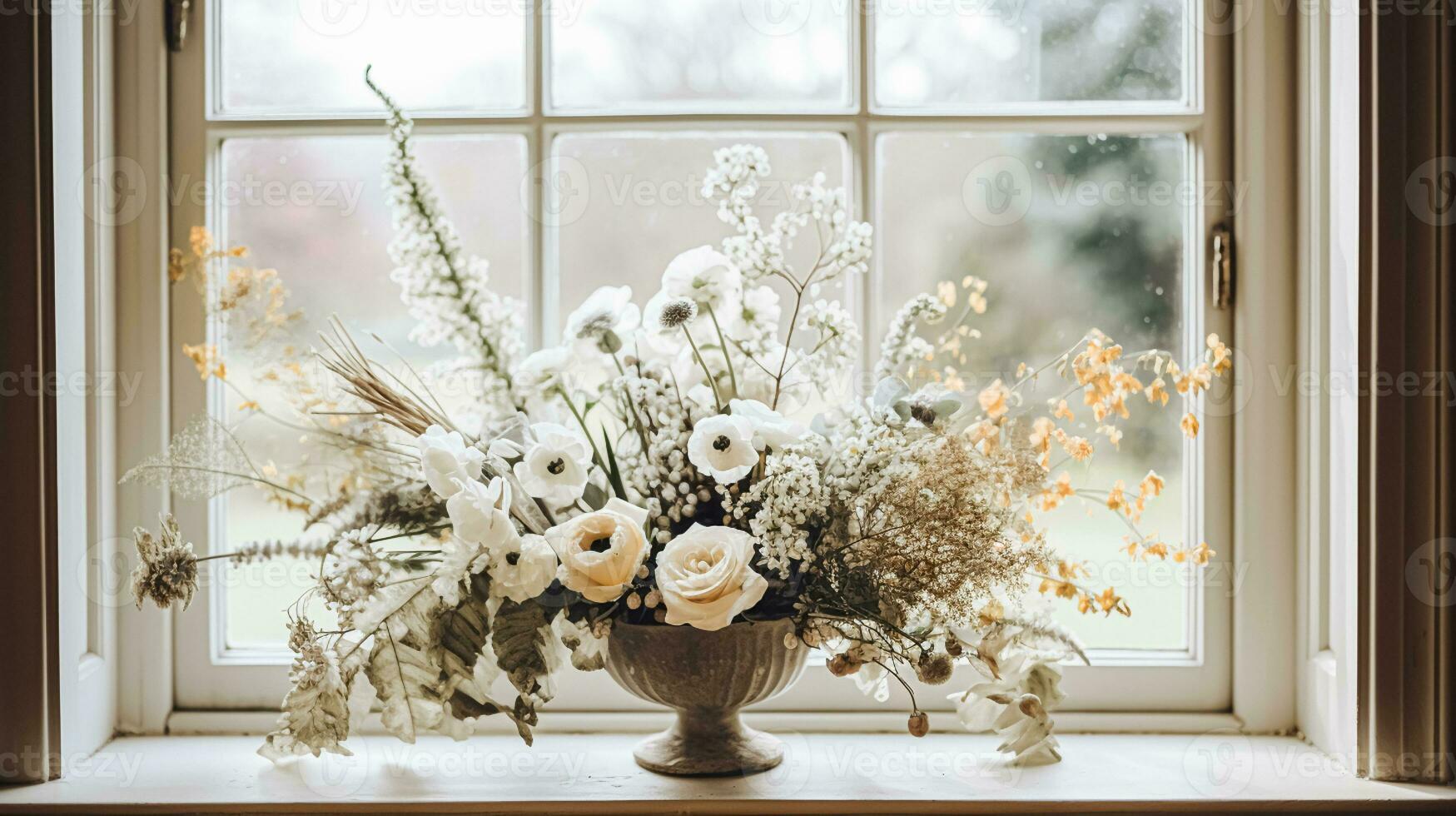 AI generated Floral arrangement with winter, autumn or early spring botanical plants and flowers photo