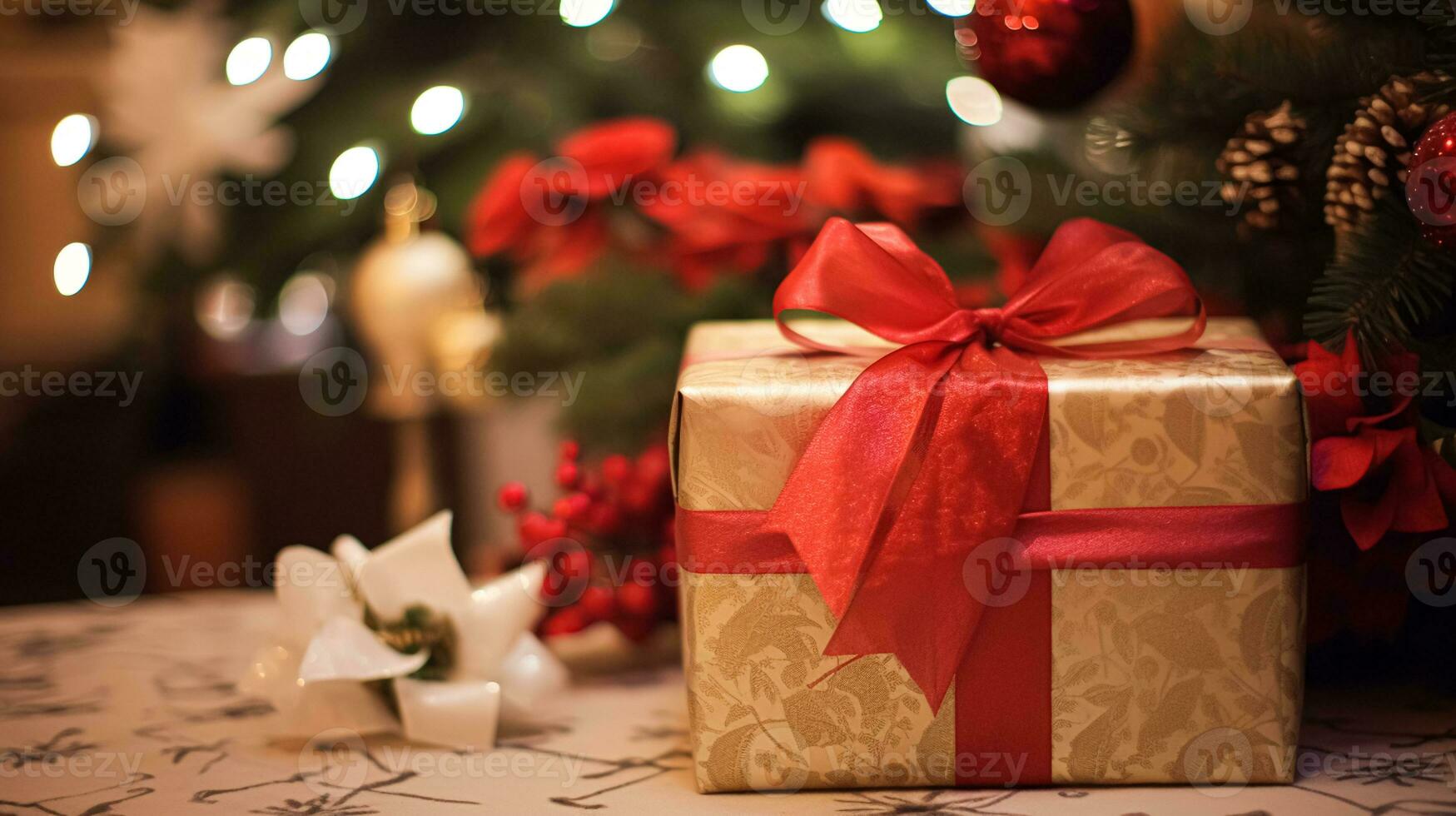 ai generado Navidad regalo caja cerca acogedor hogar en el Inglés país cabaña, invierno vacaciones, boxeo día celebracion y fiesta compras foto