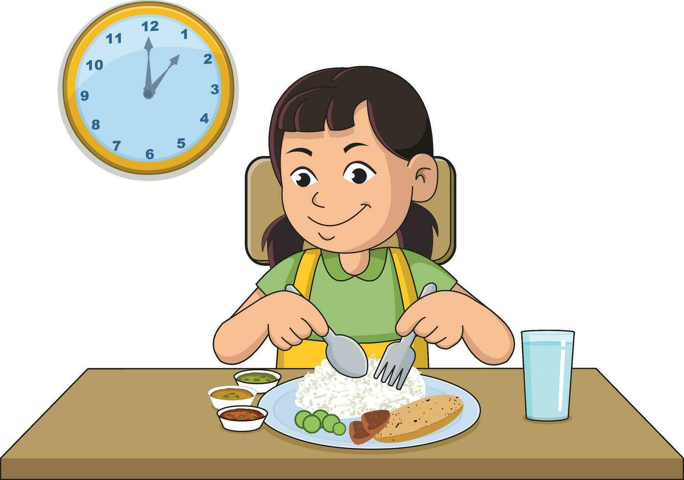 linda sonriente niña teniendo arroz, vegetales en almuerzo vector ilustración