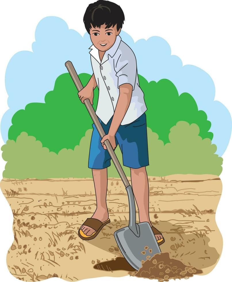 Young boy smiling and irrigating the field with a hoe vector