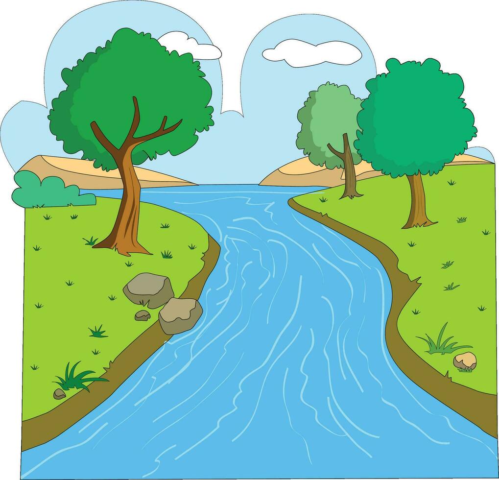 Vector illustration showing stream of river with trees on both sides and clouds in the background