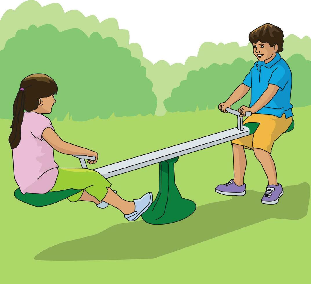 un chico y un niña jugando felizmente en un balancín vector