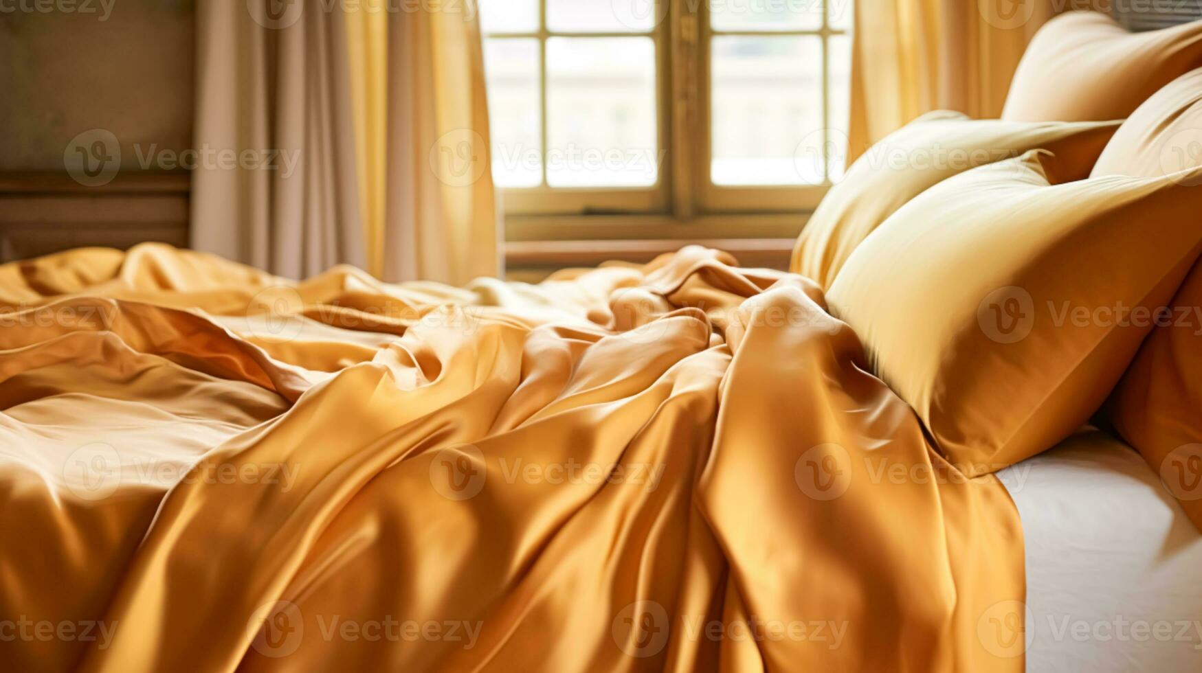 AI generated Bedroom decor, interior design and autumnal home decor, bed with silk satin bedding, bespoke furniture and autumn decoration, English country house, holiday rental and cottage style photo