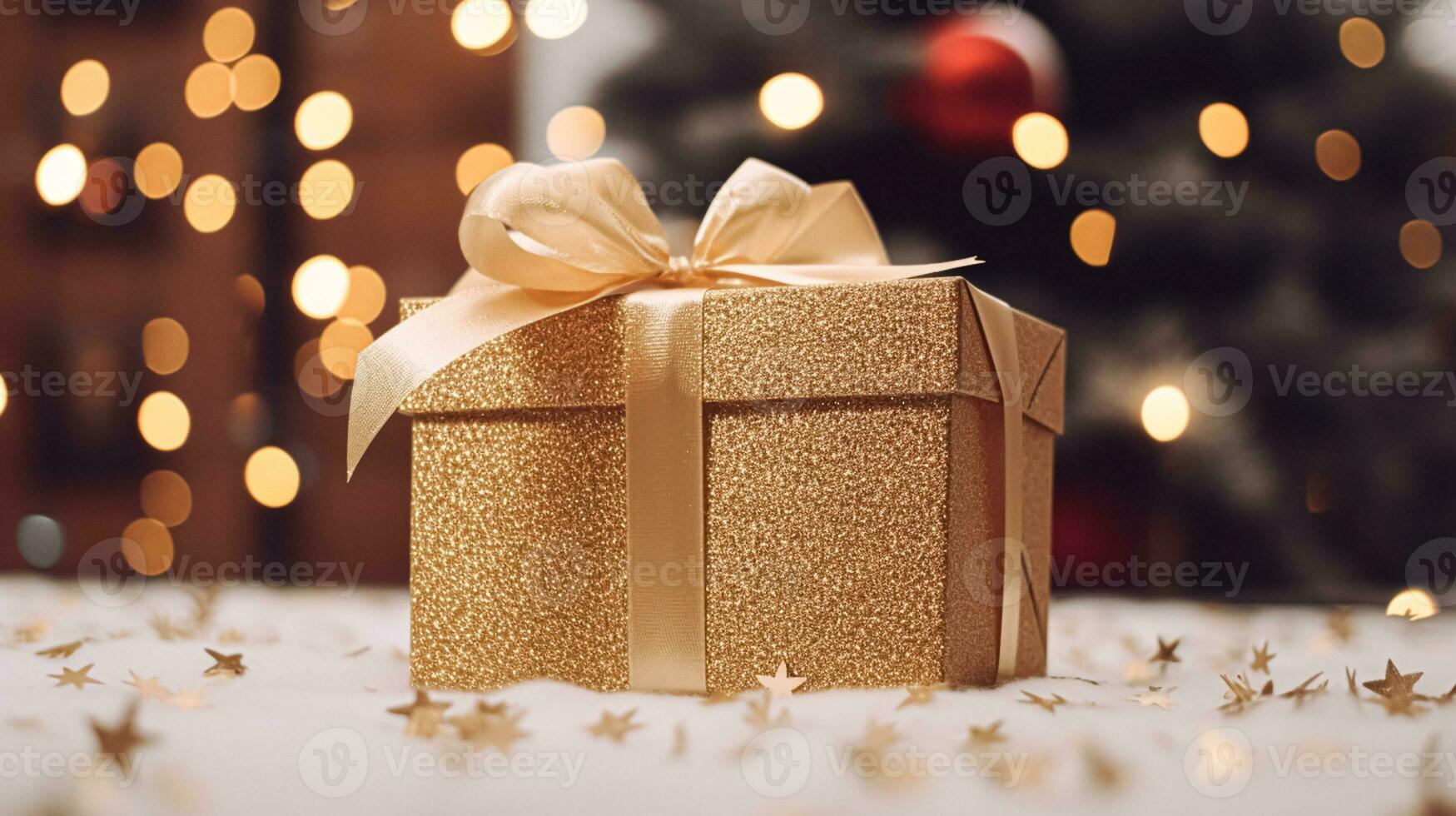 AI generated Christmas gift box near cosy fireplace in the English country cottage, winter holidays, boxing day celebration and holiday shopping photo