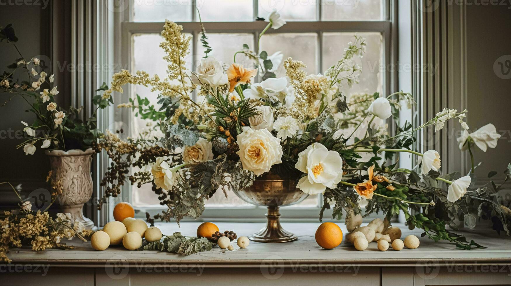 AI generated Floral arrangement with winter, autumn or early spring botanical plants and flowers photo