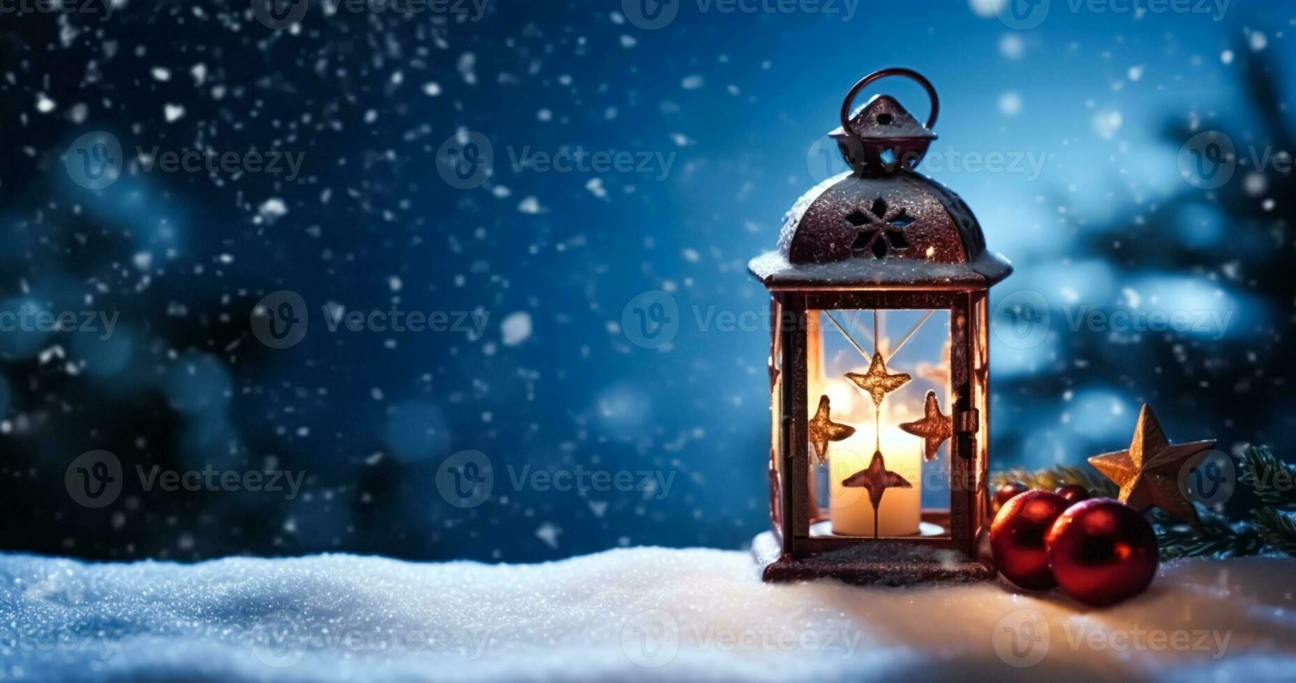 AI generated Vintage Christmas lantern on snow as magic night winter holiday background, Merry Christmas and Happy Holidays wishes, generative ai photo