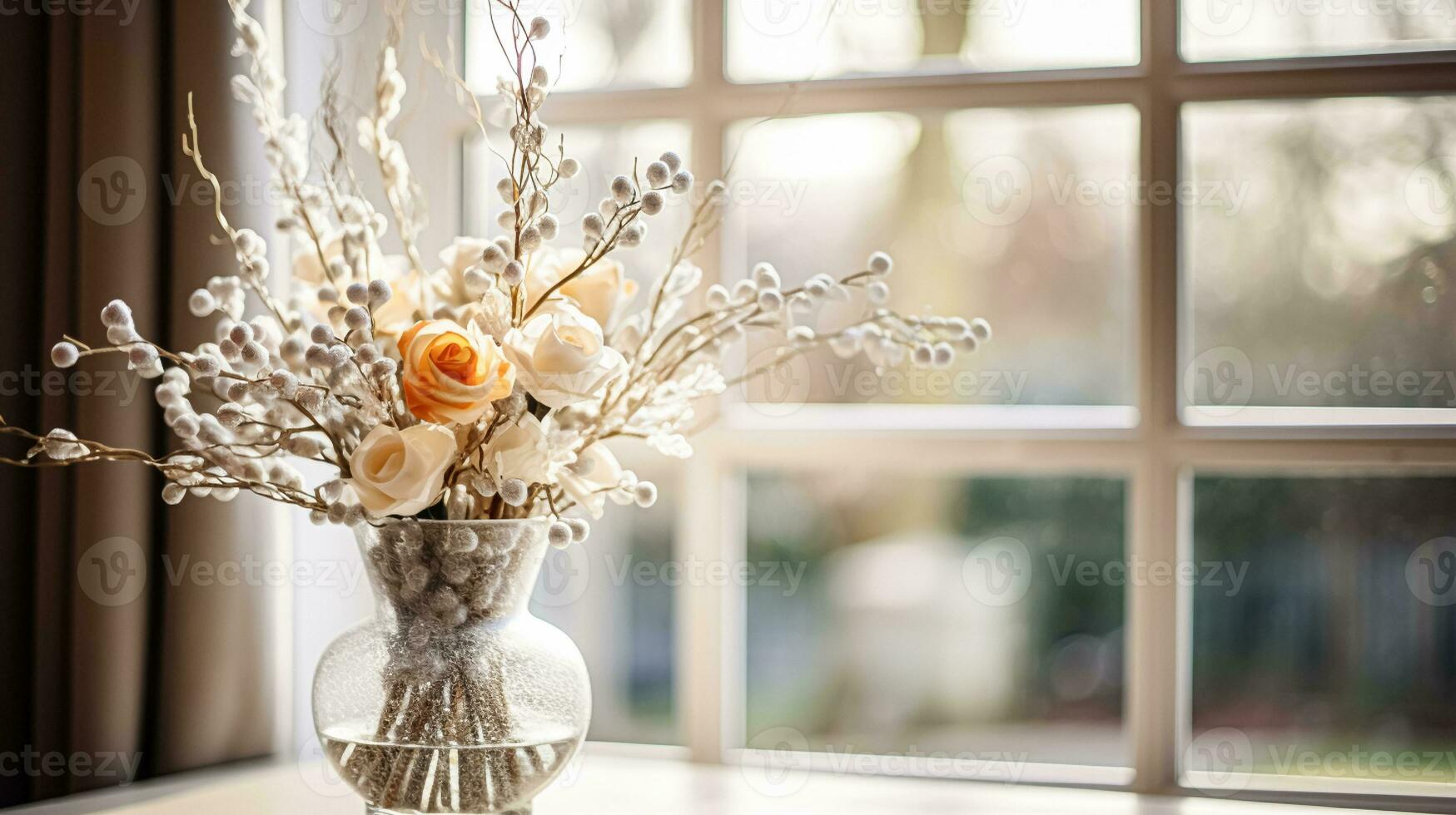 AI generated Floral arrangement with winter, autumn or early spring botanical plants and flowers photo