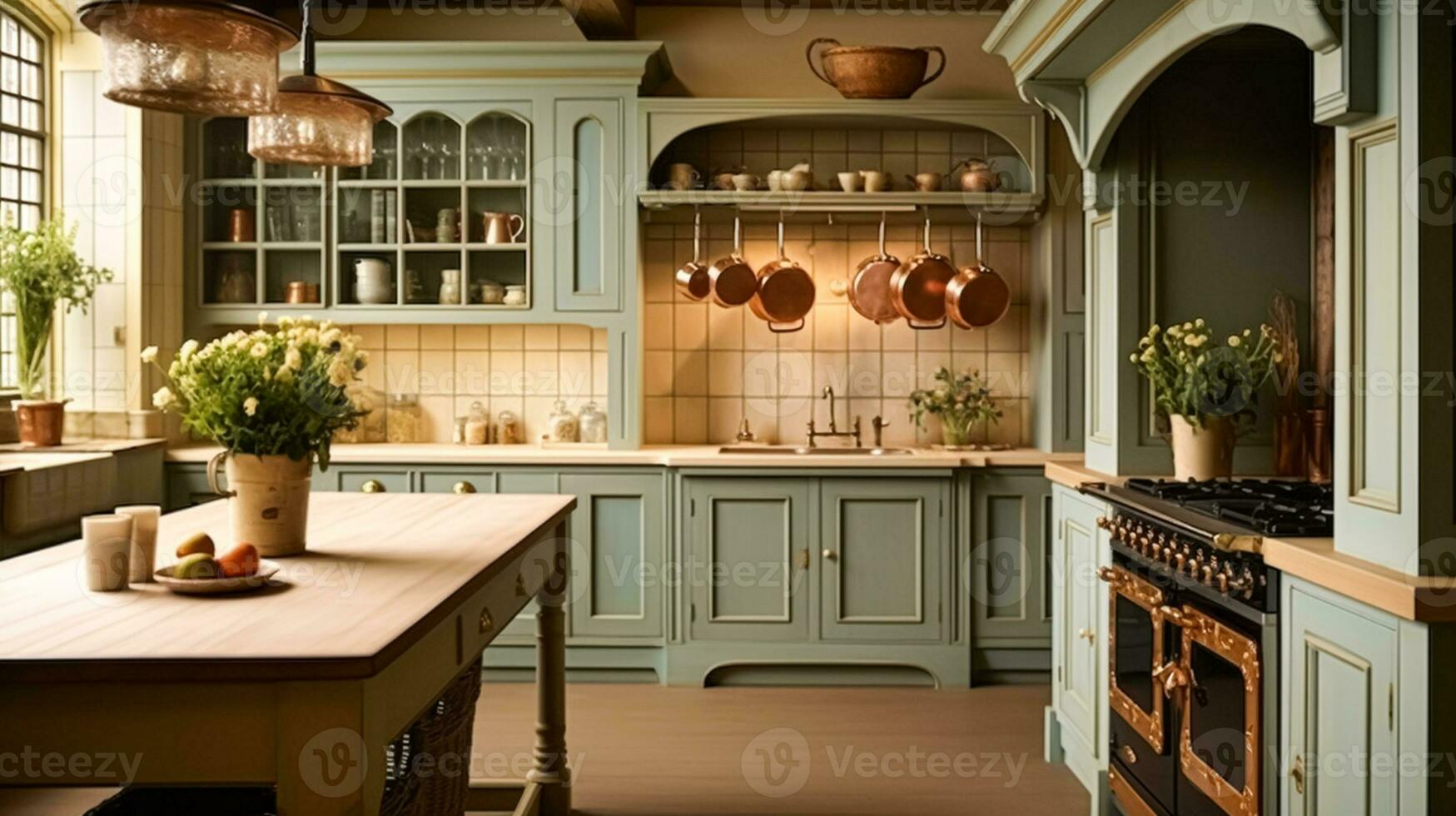 ai generado cabaña cocina decoración, sabio verde interior diseño y país casa, en marco cocina gabinetes, hundir, estufa y encimera, Inglés campo estilo foto