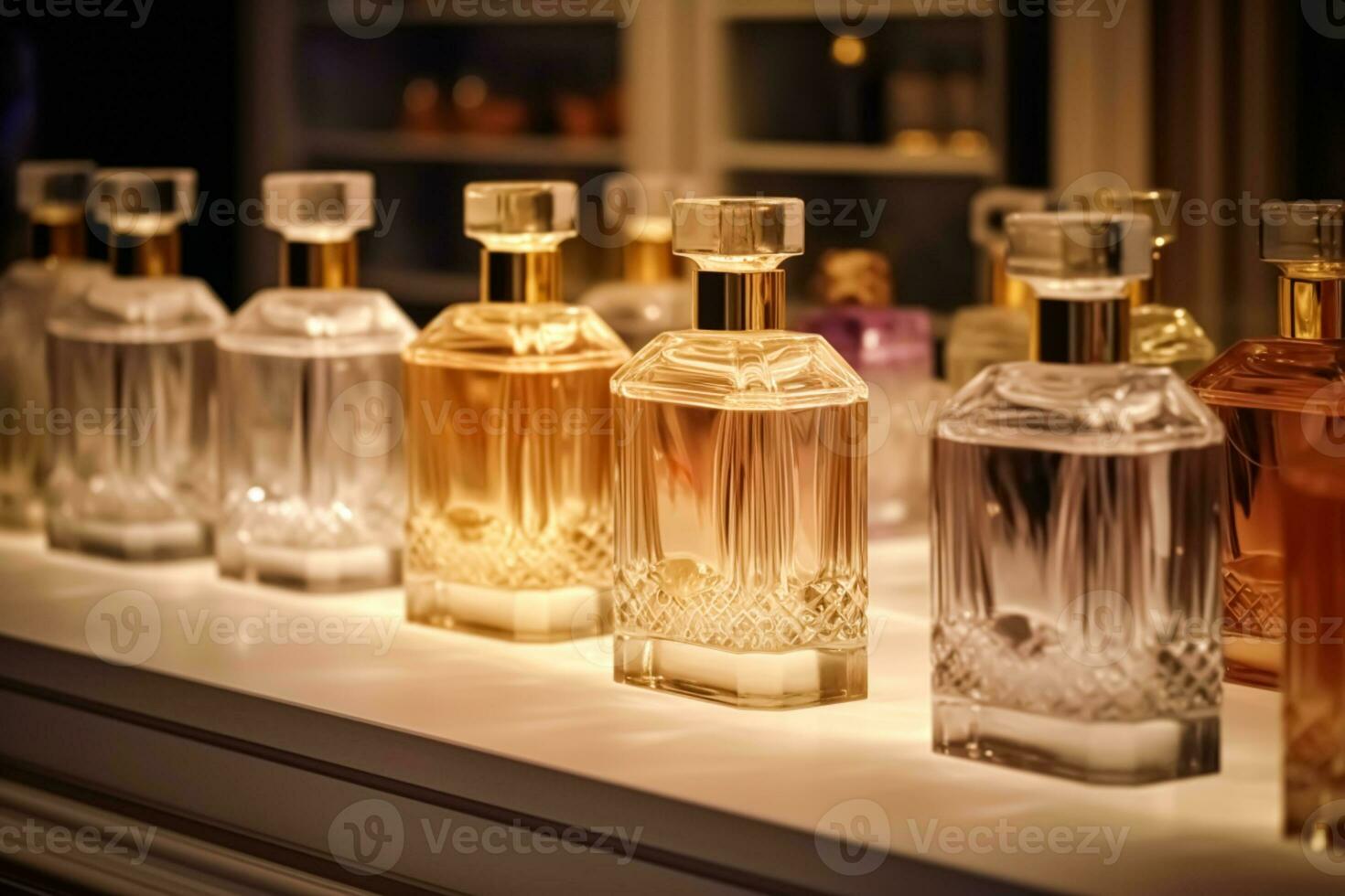AI generated Luxury fragrance bottles at perfume scent at presentation event, bespoke perfumery and beauty product sale, generative ai photo