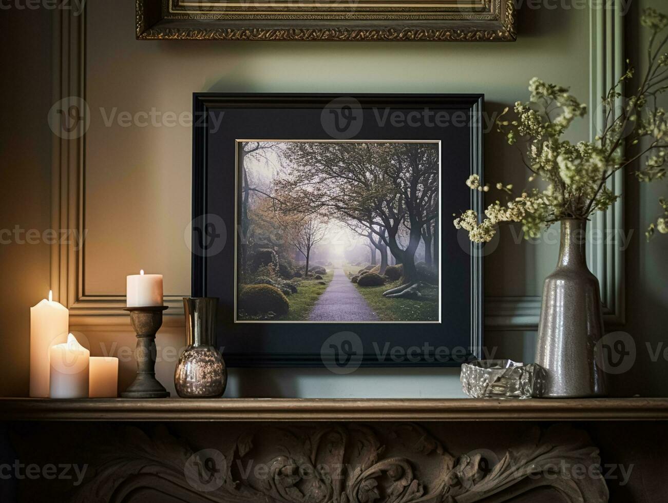 AI generated Black art frame in the elegant interior, wall and home decor photo