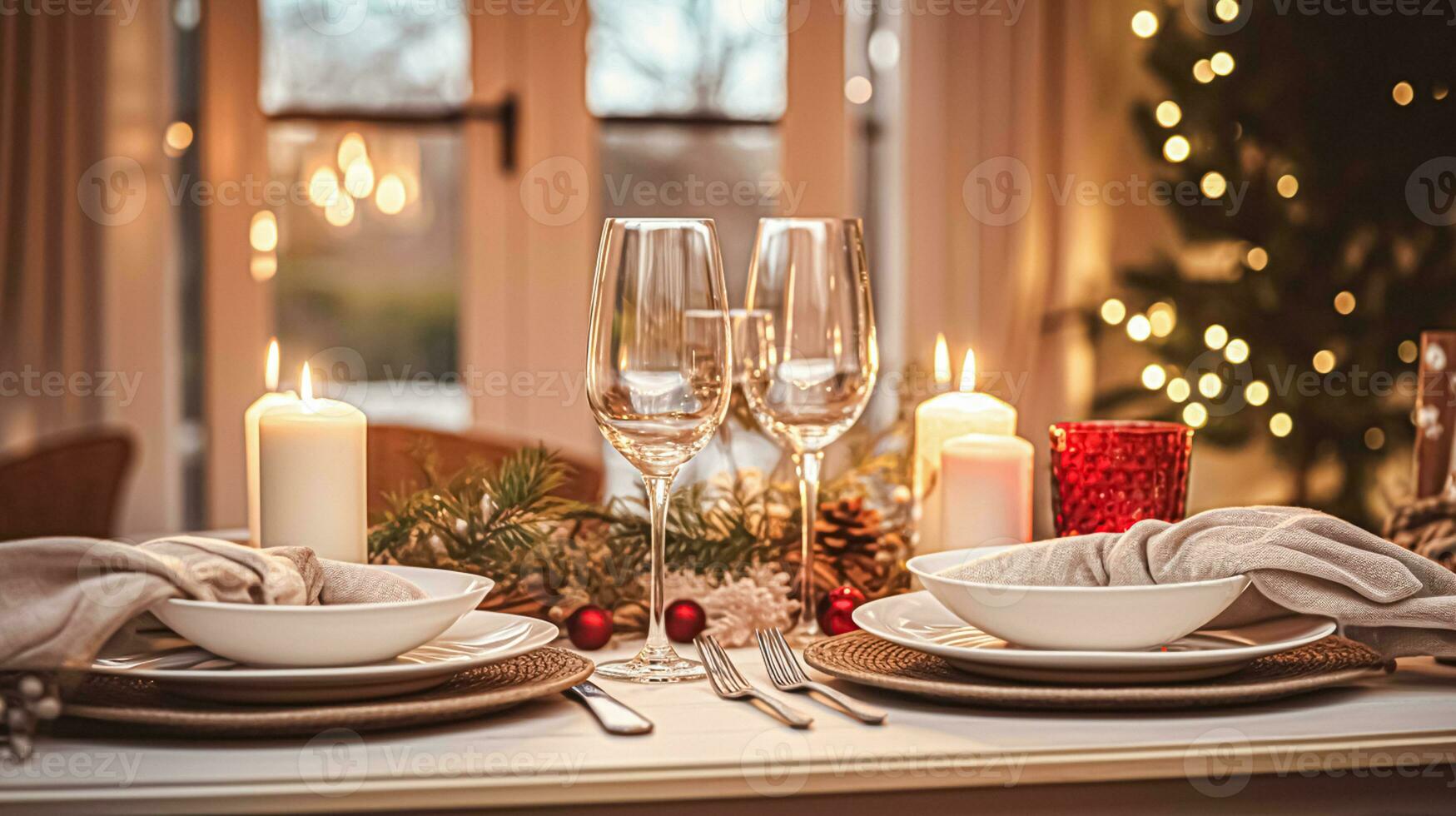 AI generated Festive date night tablescape idea, dinner table setting for two and Christmas, New Year, Valentines day decor, English country home styling photo