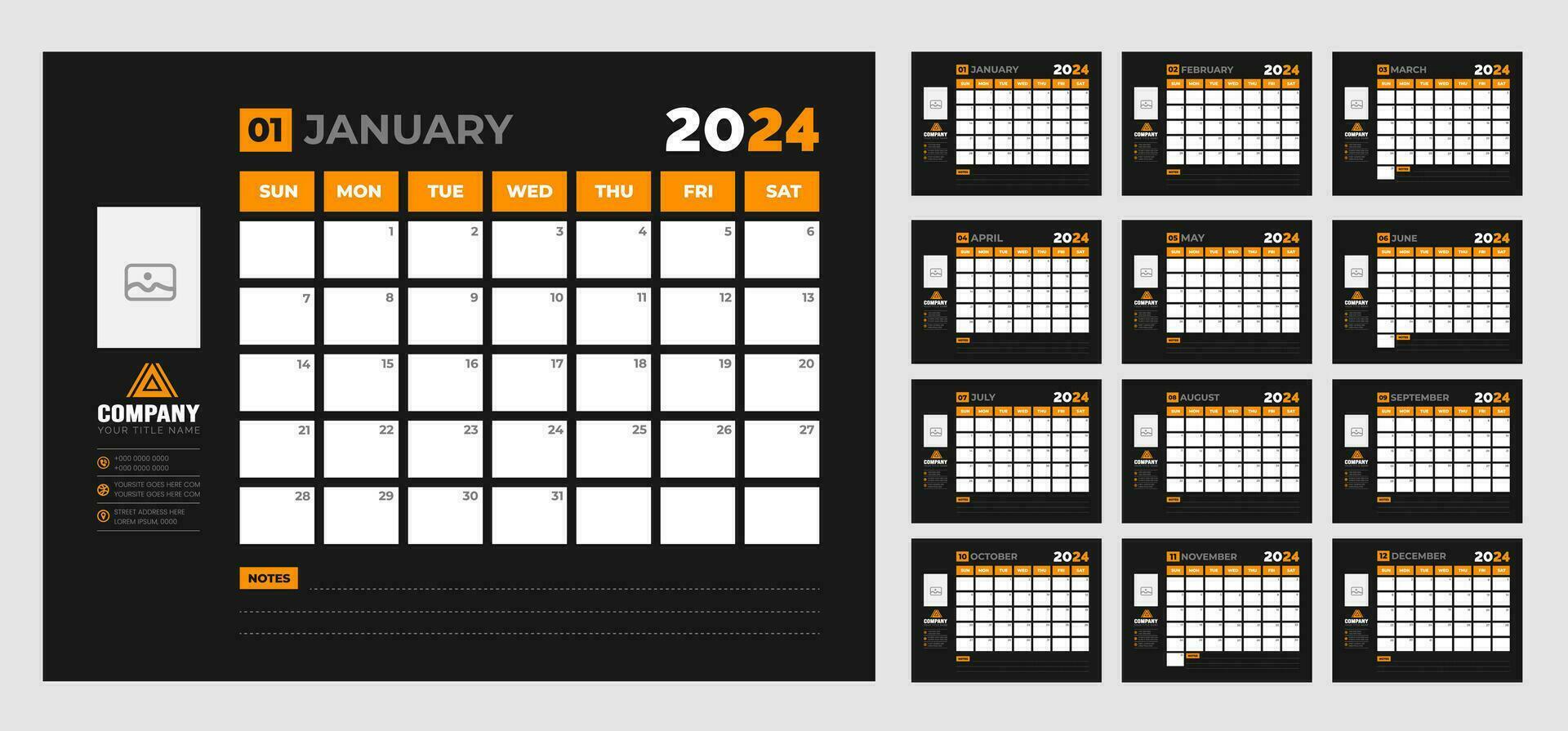 2024 calendario escritorio planificador modelo. corporativo negocio pared o escritorio sencillo planificador calendario con semana comienzo domingo. conjunto de 2024 calendario planificador modelo con sitio para foto y empresa logo. vector