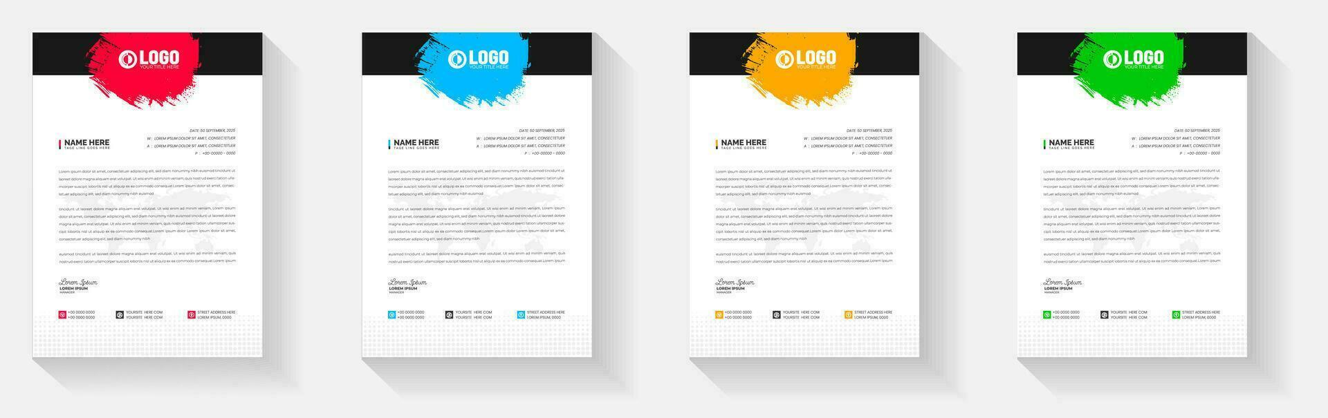Grunge watercolor paint brush strokes texture effect corporate business letterhead design template set with red, blue, green and yellow color. vector