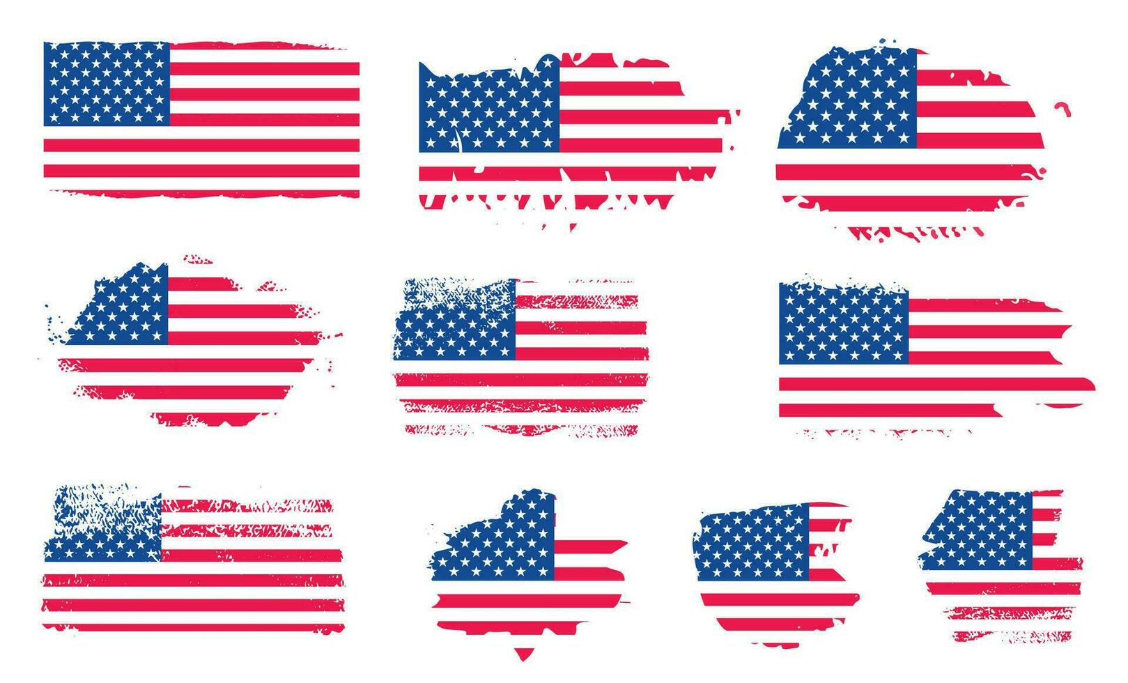 set of United States of America flag with watercolor paint brush strokes dirty texture or grunge texture design. Grunge US Flag brush stroke effect bundle. vector