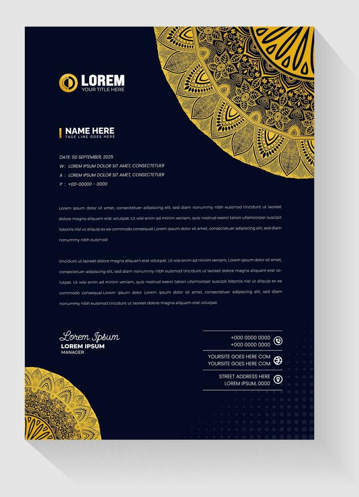 corporativo moderno creativo y limpiar negocio estilo lujo oro y negro color membrete. lujo ornamental dorado arabesco modelo Arábica islámico este mandala estilo letra cabeza diseño modelo. vector