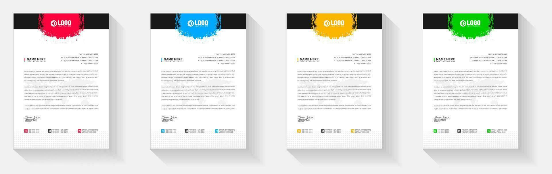 Grunge watercolor paint brush strokes texture effect corporate business letterhead design template set with red, blue, green and yellow color. vector