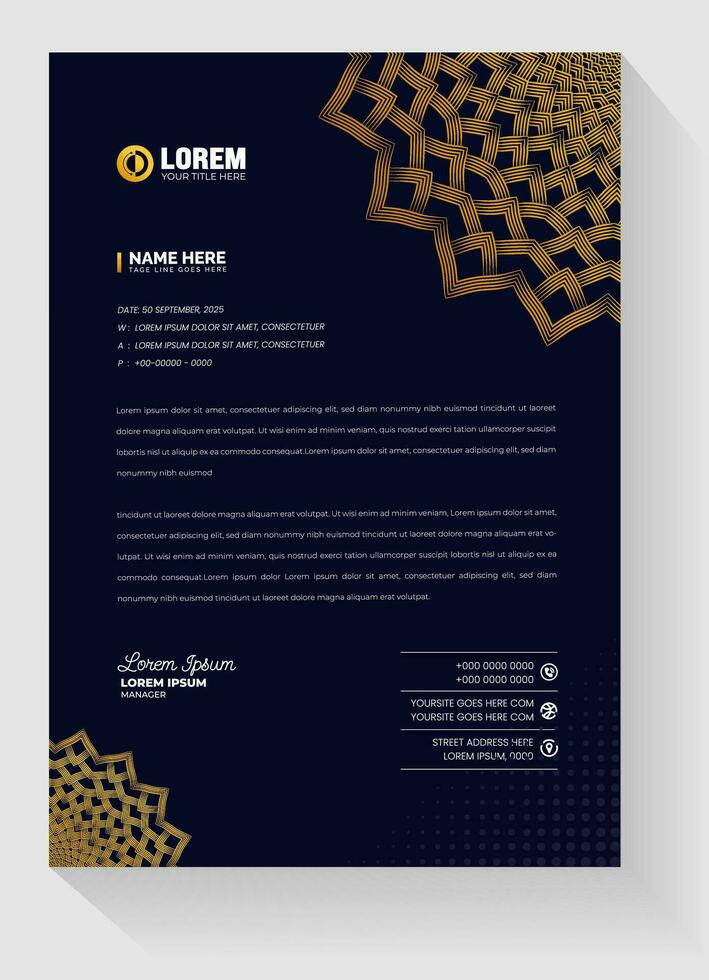corporate Modern Creative and Clean business style luxury gold and black color letterhead. Luxury ornamental golden arabesque pattern Arabic Islamic east mandala style letter head design template. vector