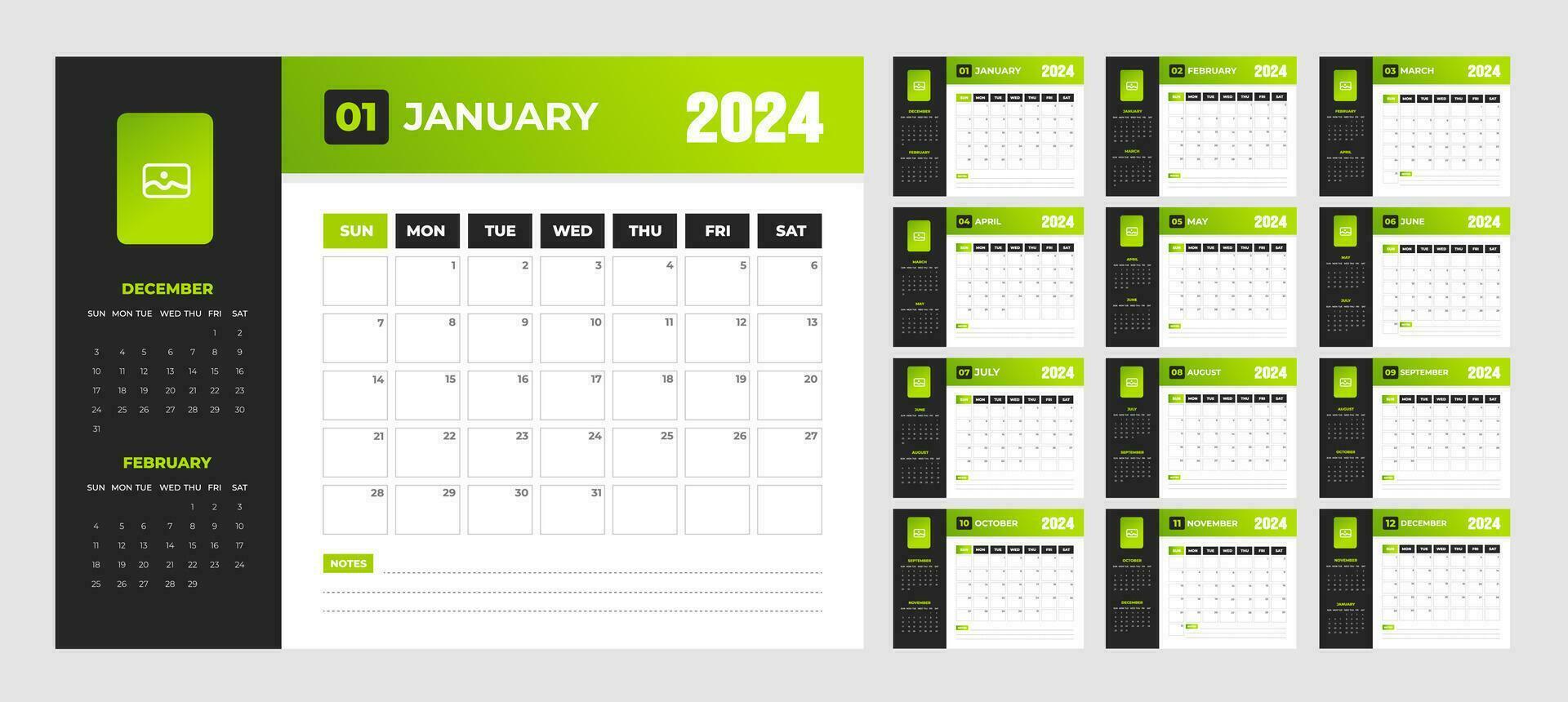 2024 oscuro y verde calendario escritorio planificador modelo. corporativo negocio pared o escritorio sencillo planificador calendario con semana comienzo domingo. calendario planificador modelo con sitio para foto y empresa logo. vector