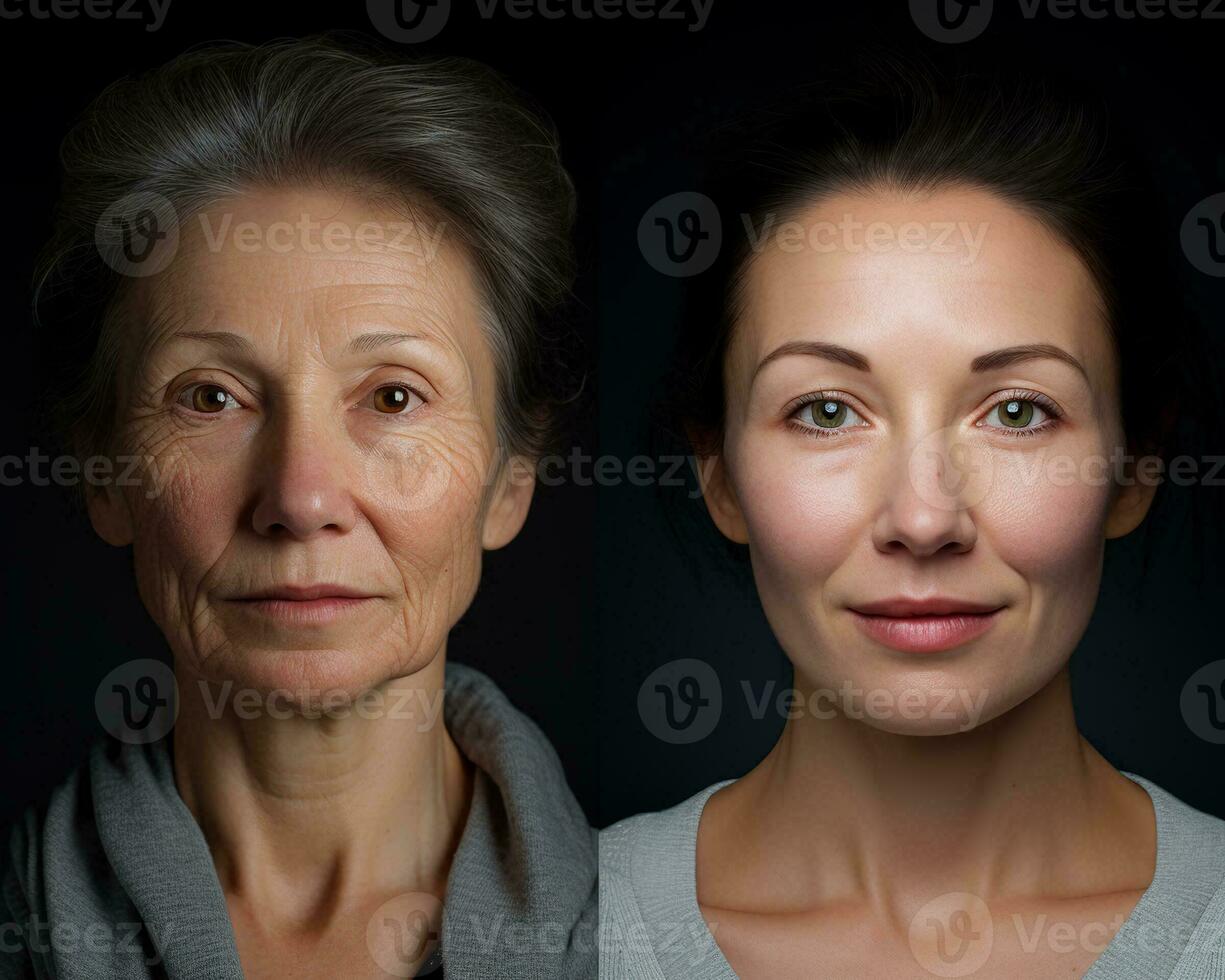 AI generated comparison portrait of woman before and after have wrinkle. Ageing problem and face skin change concept photo