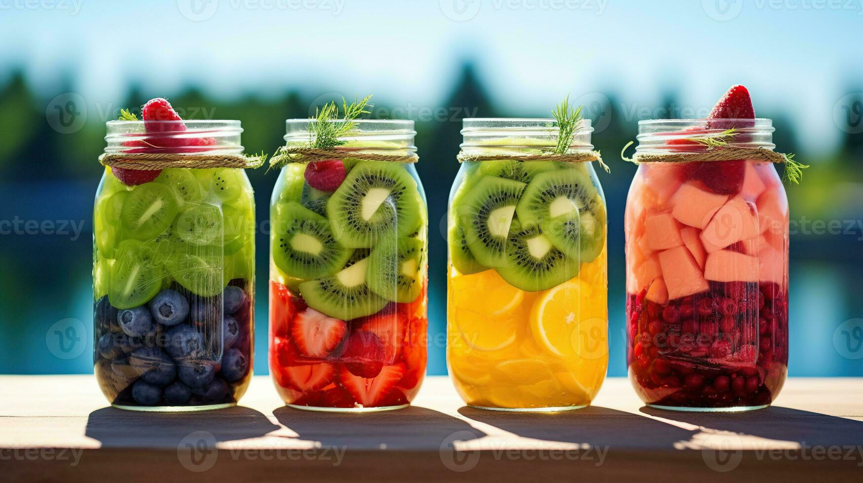 AI generated row of mason jars filled with different fruits photo