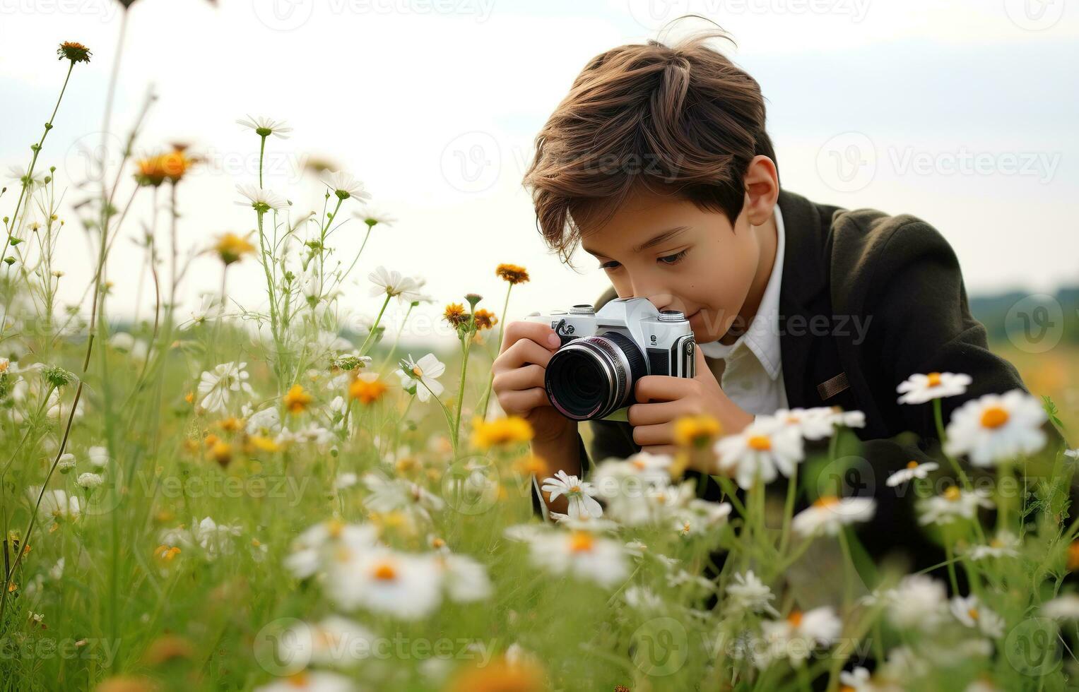 AI generated boy taking picture using camera in park photo