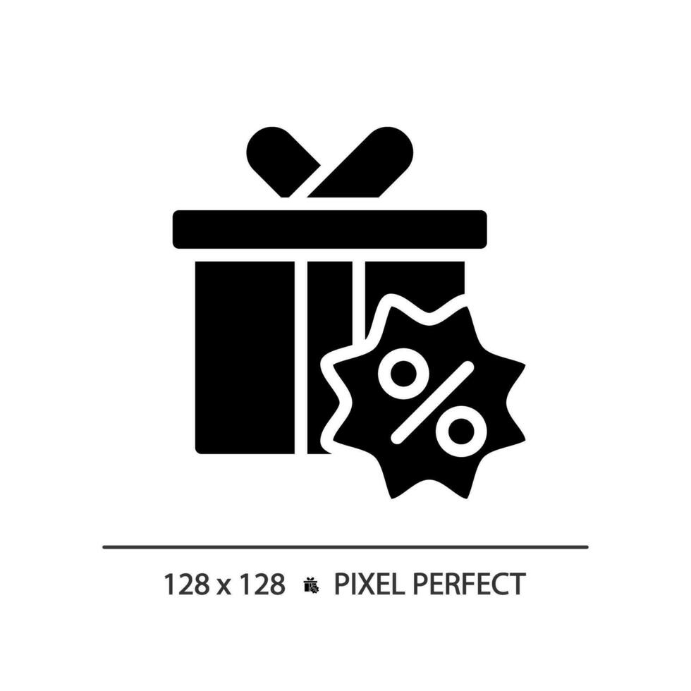 2D pixel perfect glyph style gift hamper icon, isolated black vector, silhouette illustration representing discounts. vector
