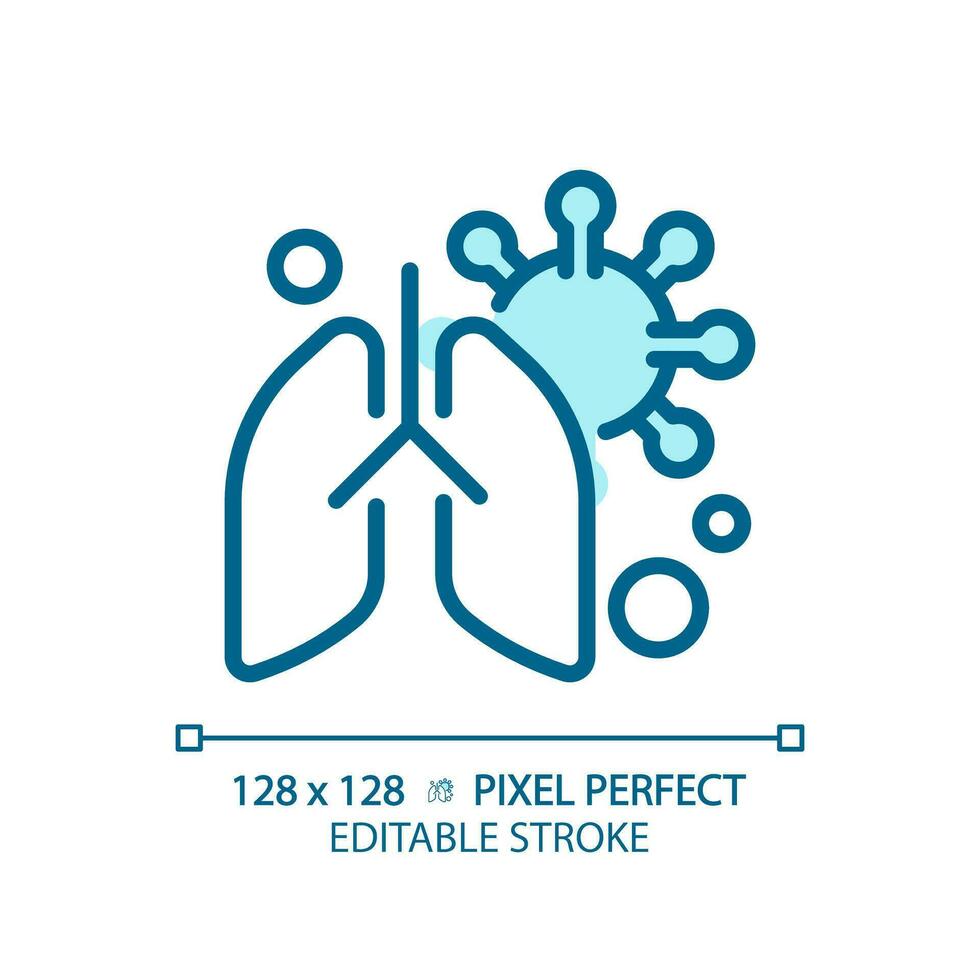 2D pixel perfect editable blue lung with virus icon, isolated monochromatic vector, thin line illustration representing bacteria. vector
