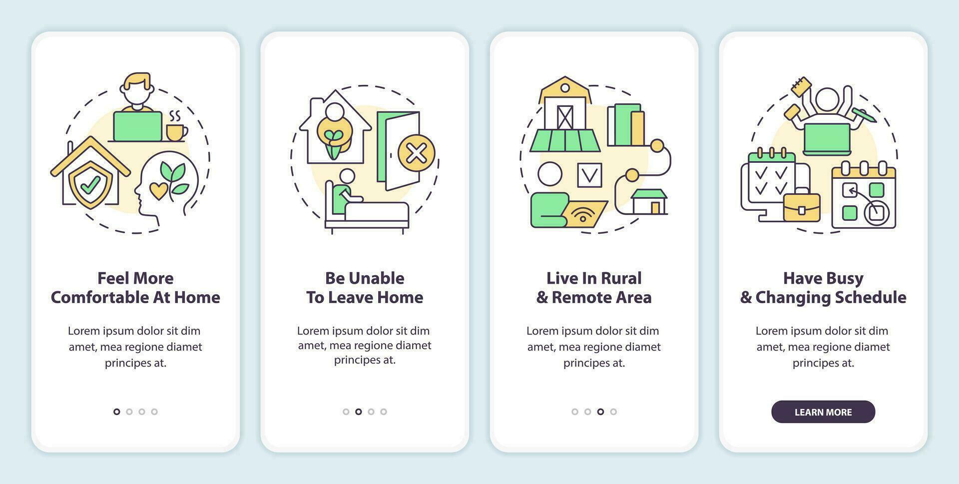 2D icons representing online therapy mobile app screen set. Walkthrough 4 steps colorful graphic instructions with line icons concept, UI, UX, GUI template. vector