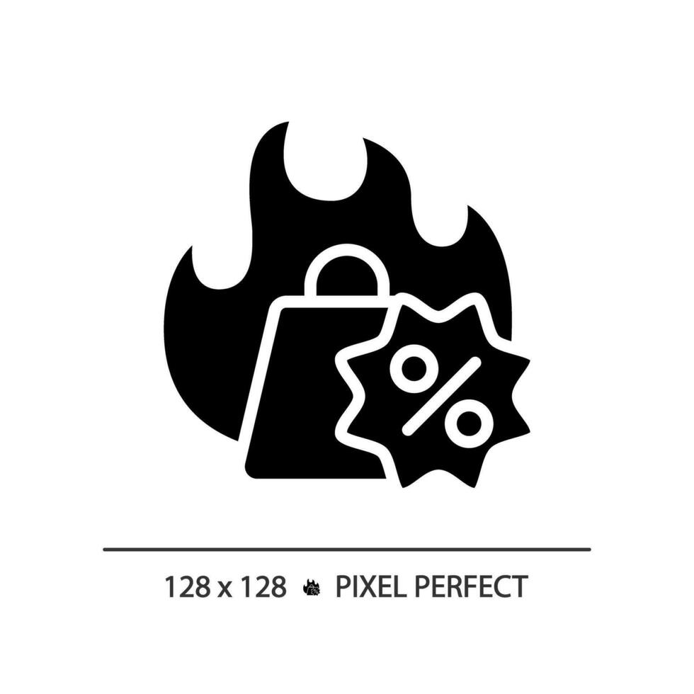 2D pixel perfect glyph style hot deal shopping icon, isolated black vector, silhouette illustration representing discounts. vector