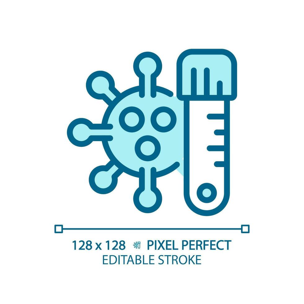 2D pixel perfect editable blue virus with tube icon, isolated monochromatic vector, thin line illustration representing bacteria. vector