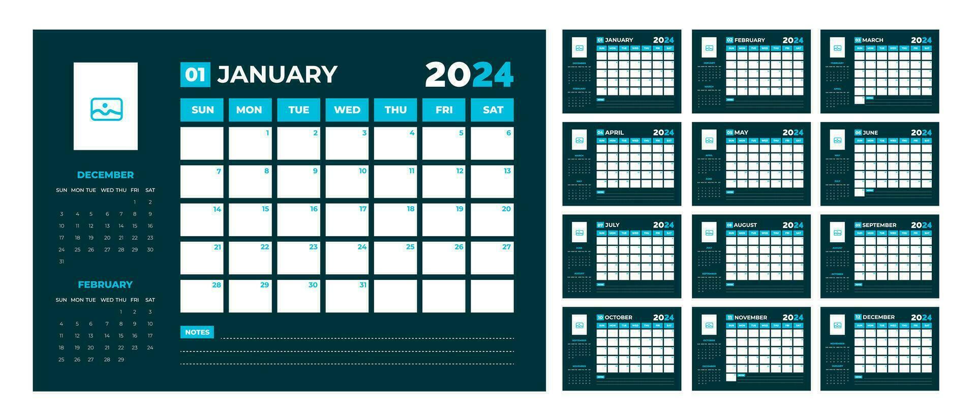 2024 dark blue Calendar Desktop Planner Template. Corporate business wall or desk simple Planner calendar with week start Sunday. Calendar Planner Template with Place for Photo and Company Logo. vector