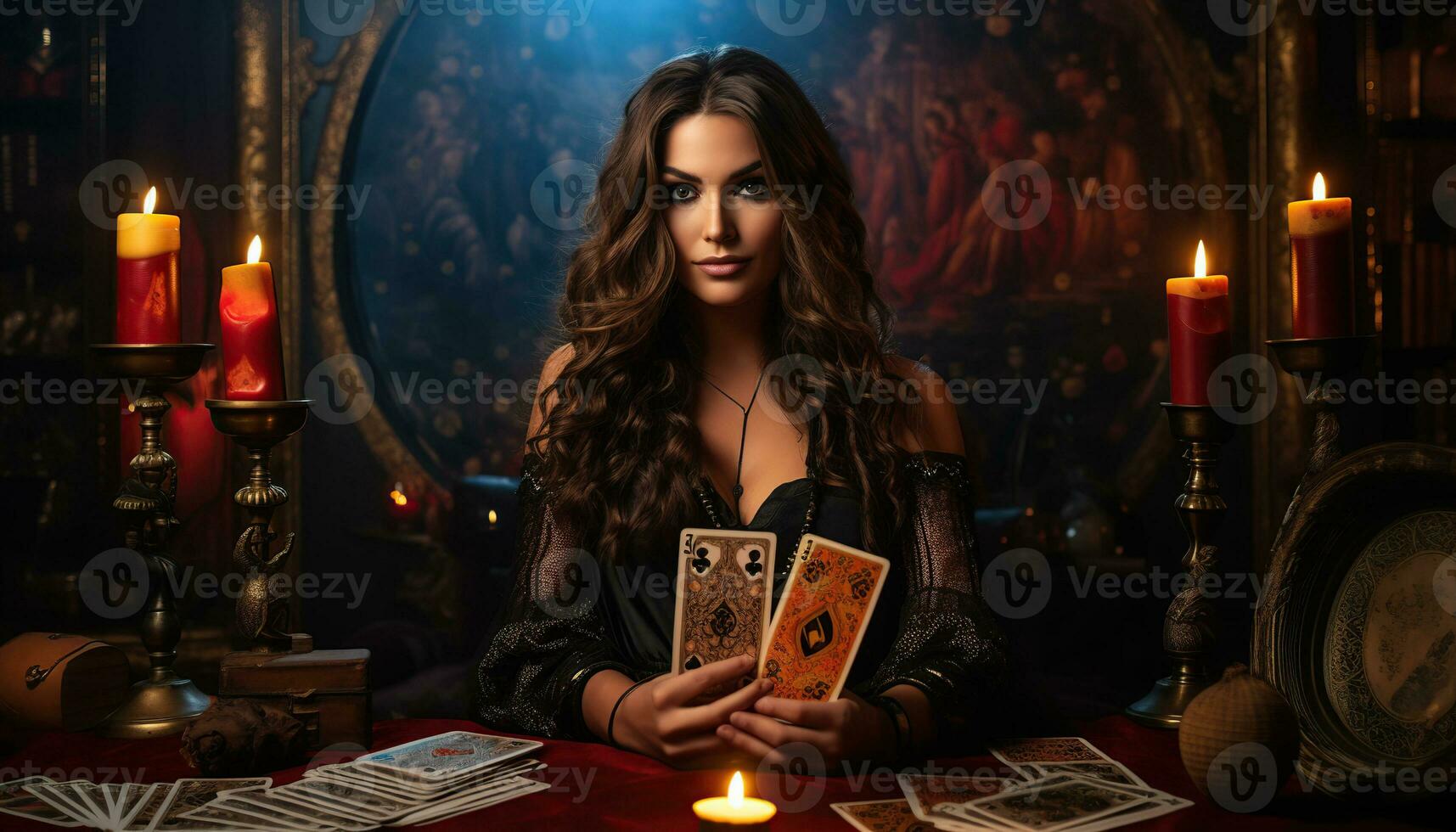 AI generated gypsy woman holding tarot card photo