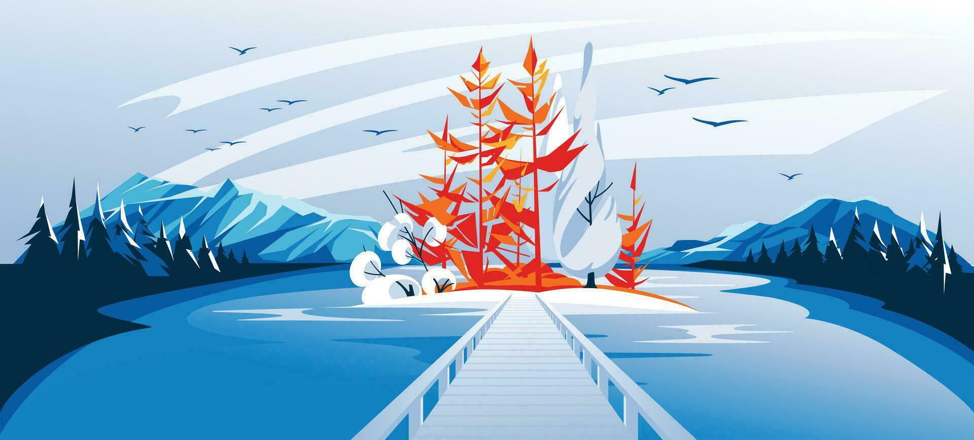 wooden path on the island on the mountains of the lake. Winter calm landscape. Orange pines. Vector flat illustration. Tourism.