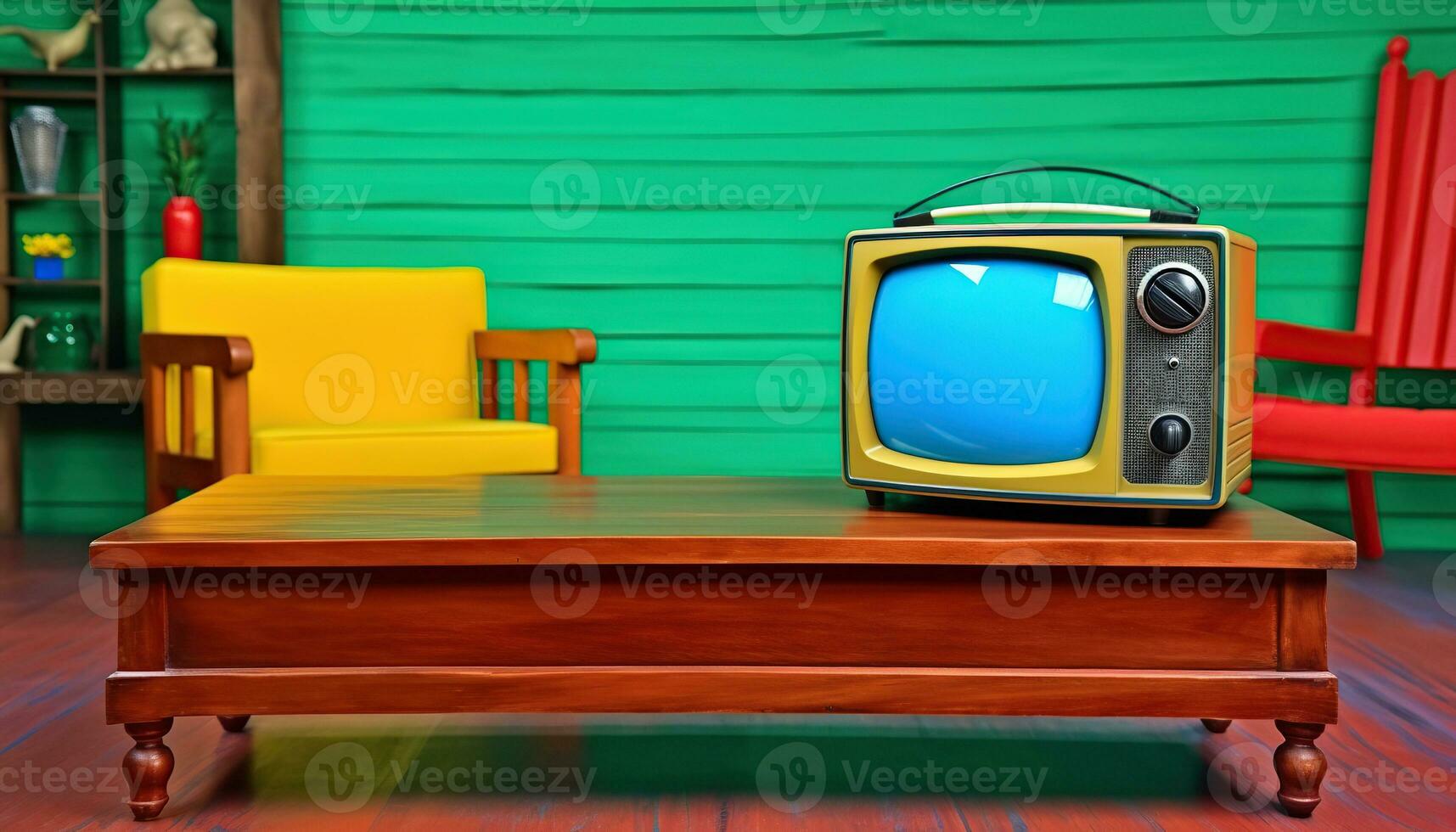 AI generated retro television on table in 1960 living room photo