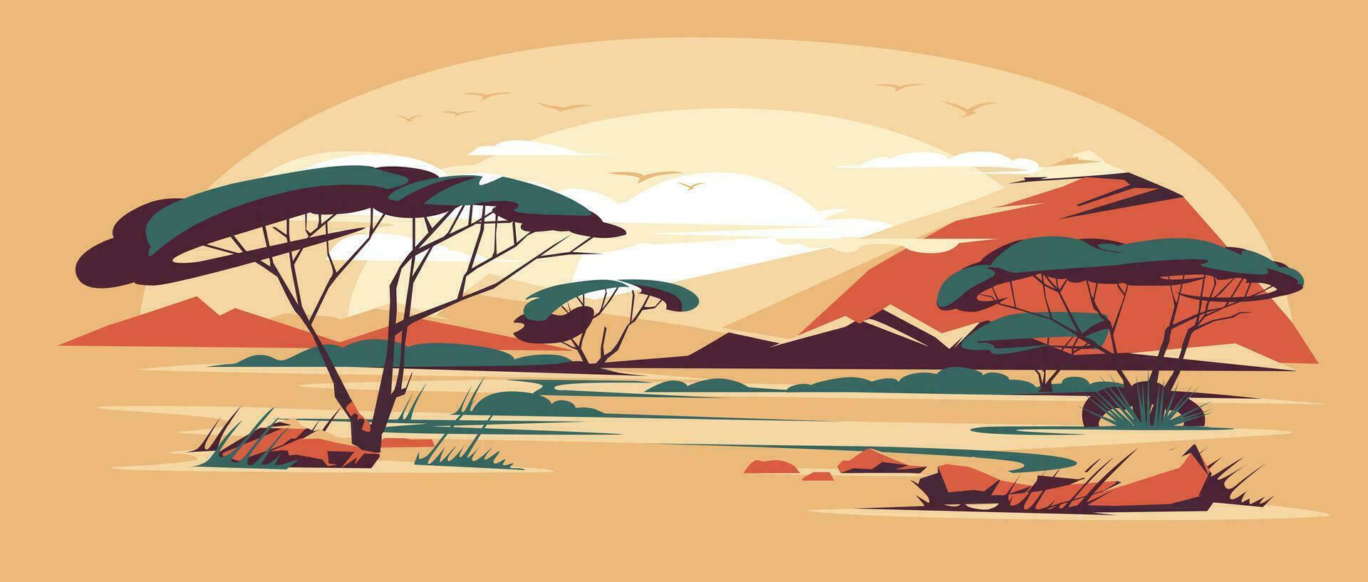 Sunset or sunrise Savannah landscape. Hot climate. Environmental protection and travel. Yellow and orange. Vector flat illustration