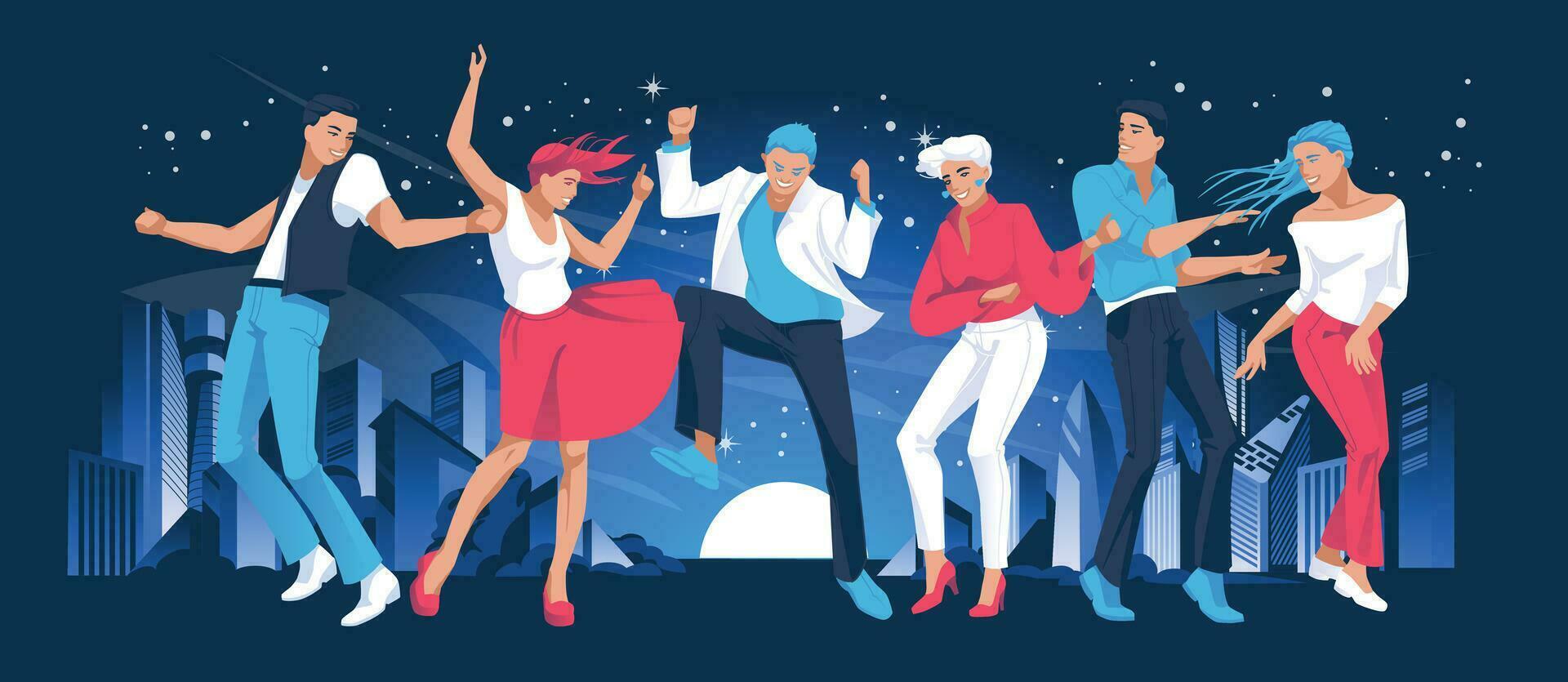 Young dancers against the background of night lights of the city. Club party or social event. Vector flat illustration.