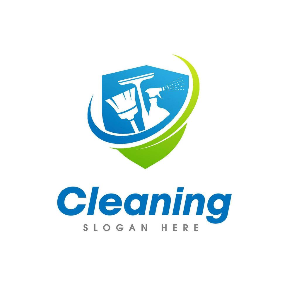 Cleaning Service Logo Design. Cleaner equipments broom, squeegee, and spray isolated on shield shape vector