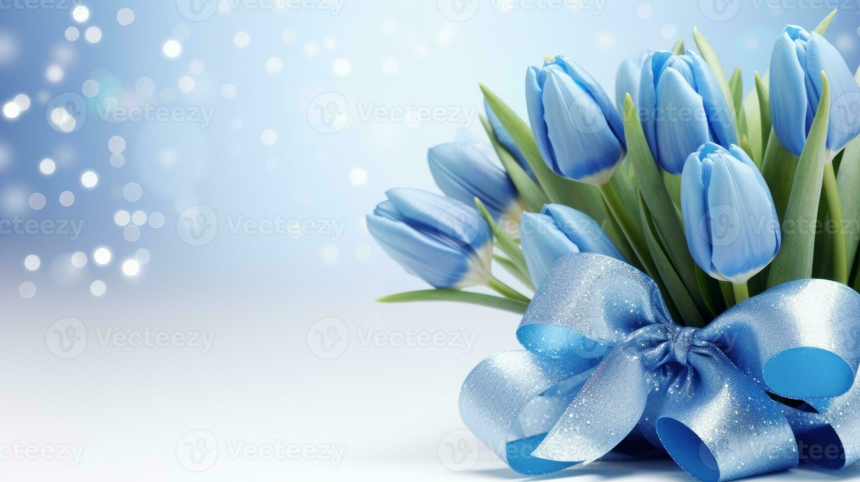 AI generated Blue tulips bouquet with ribbon bow on light background with bokeh. Banner with copy space. Ideal for poster, greeting card, event invitation, promotion, advertising, print photo