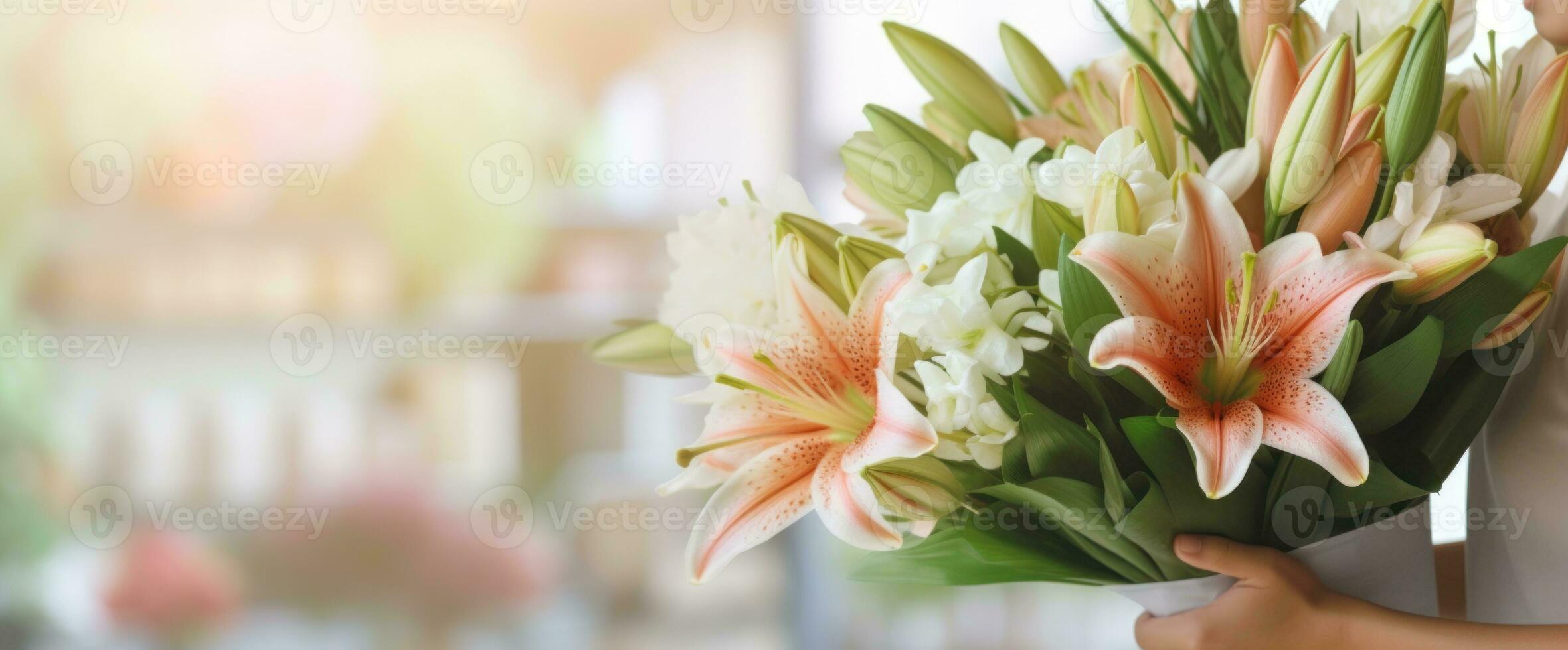 AI generated Person holding a beautiful bouquet of fresh lilies flowers, on blurred background. Florist make a bouquet. Banner with copy space. Suitable for greeting, postcard, special occasions photo