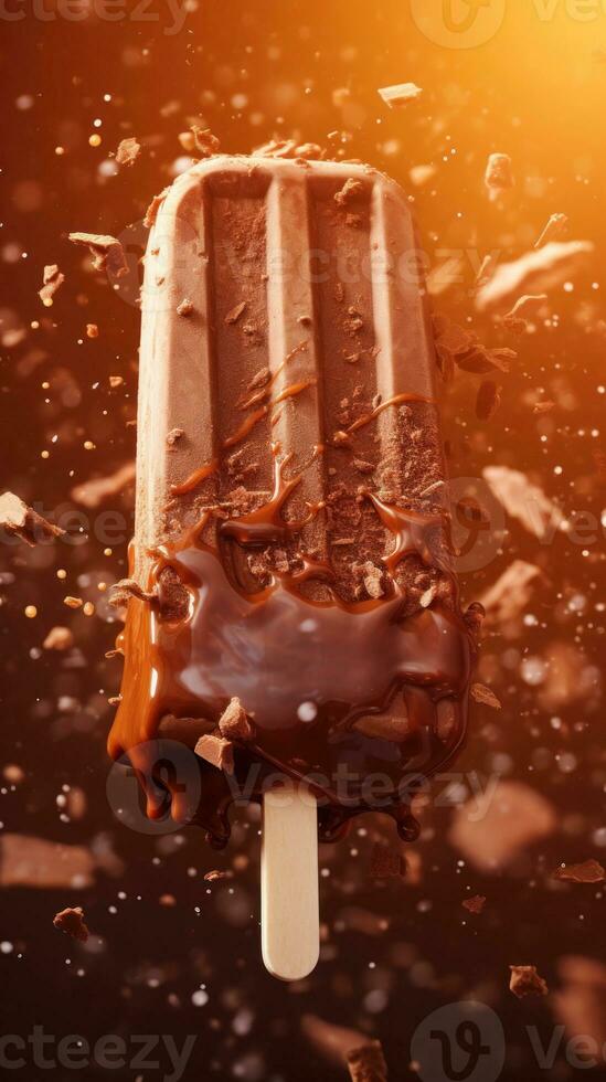 AI generated Chocolate ice lolly amidst a dynamic splash of melted chocolate, on a light blurred background. Close up. Vertical format. Great for dessert menus, food blogs, advertisements, magazines photo