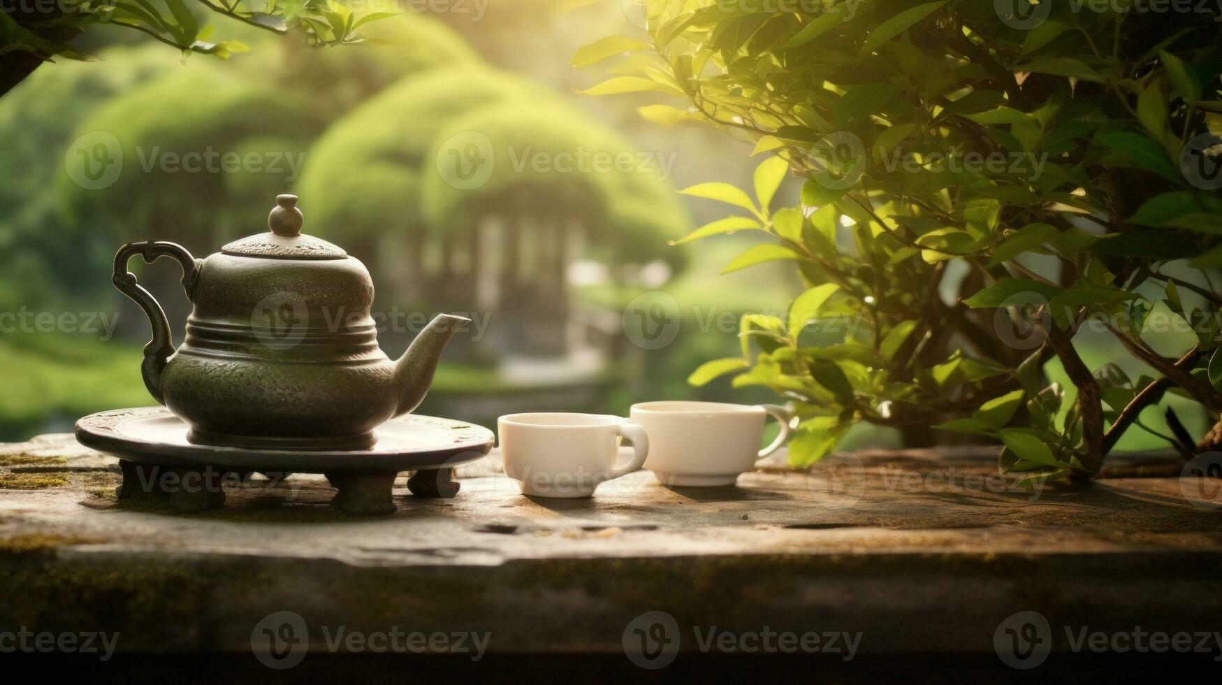 AI generated Tranquil setting featuring a teapot and cup on aged stone table amidst beautifully manicured garden, suggesting peace and relaxation. Japanese tea ceremony. Perfect for wellness photo