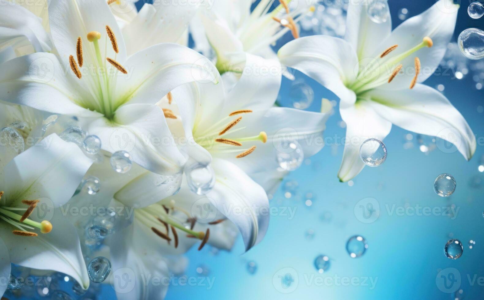 AI generated White lilies bouquet under light blue clear water with bubbles and droplets. Banner with copy space. Perfect for poster, greeting card, event invitation, print, promotion, advertising photo