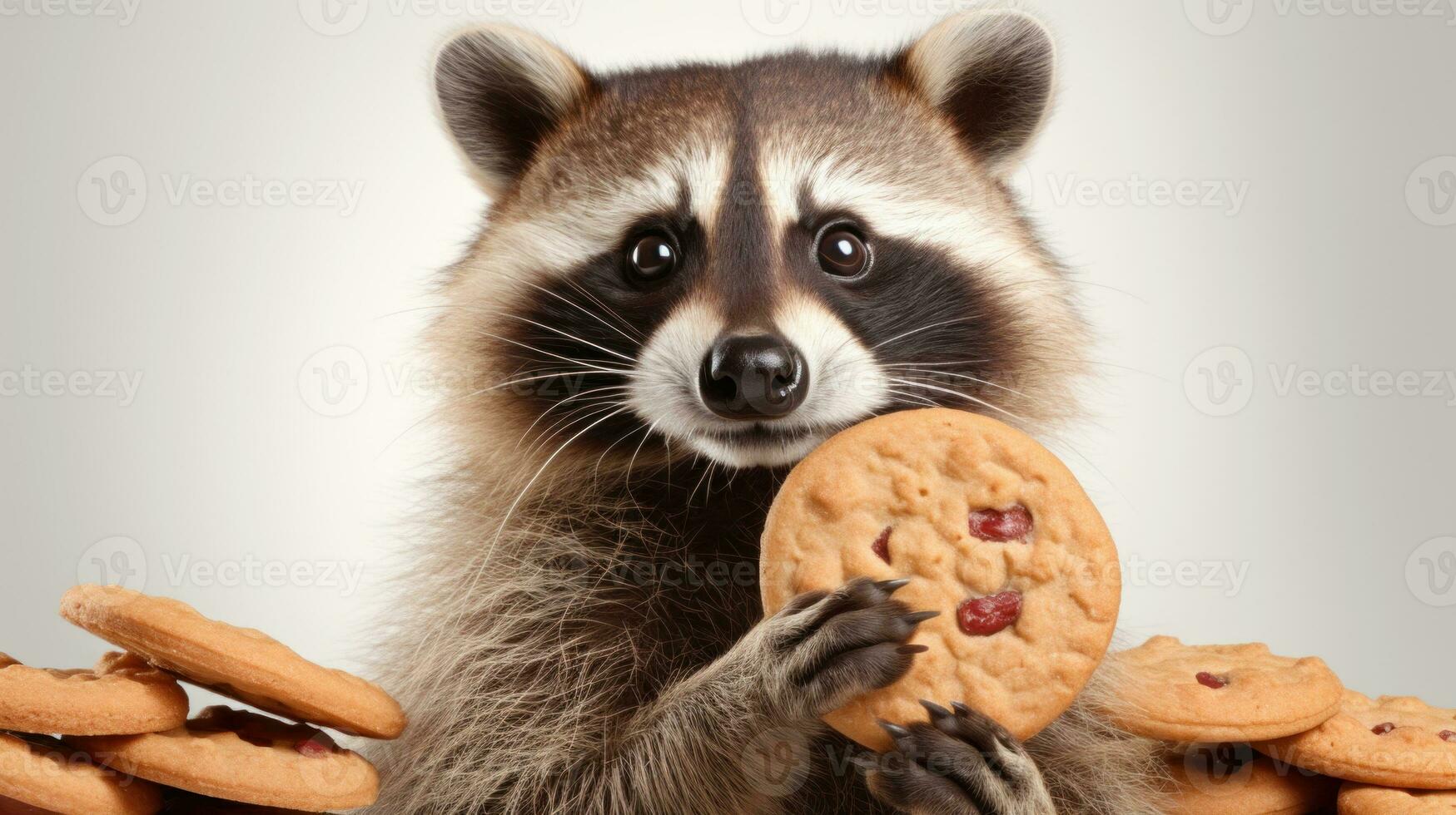 AI generated Close-up image of a raccoon holding a cookie, surrounded by more cookies. On light background. Cute animal. Ideal for pet food advertisements or wildlife humor content photo