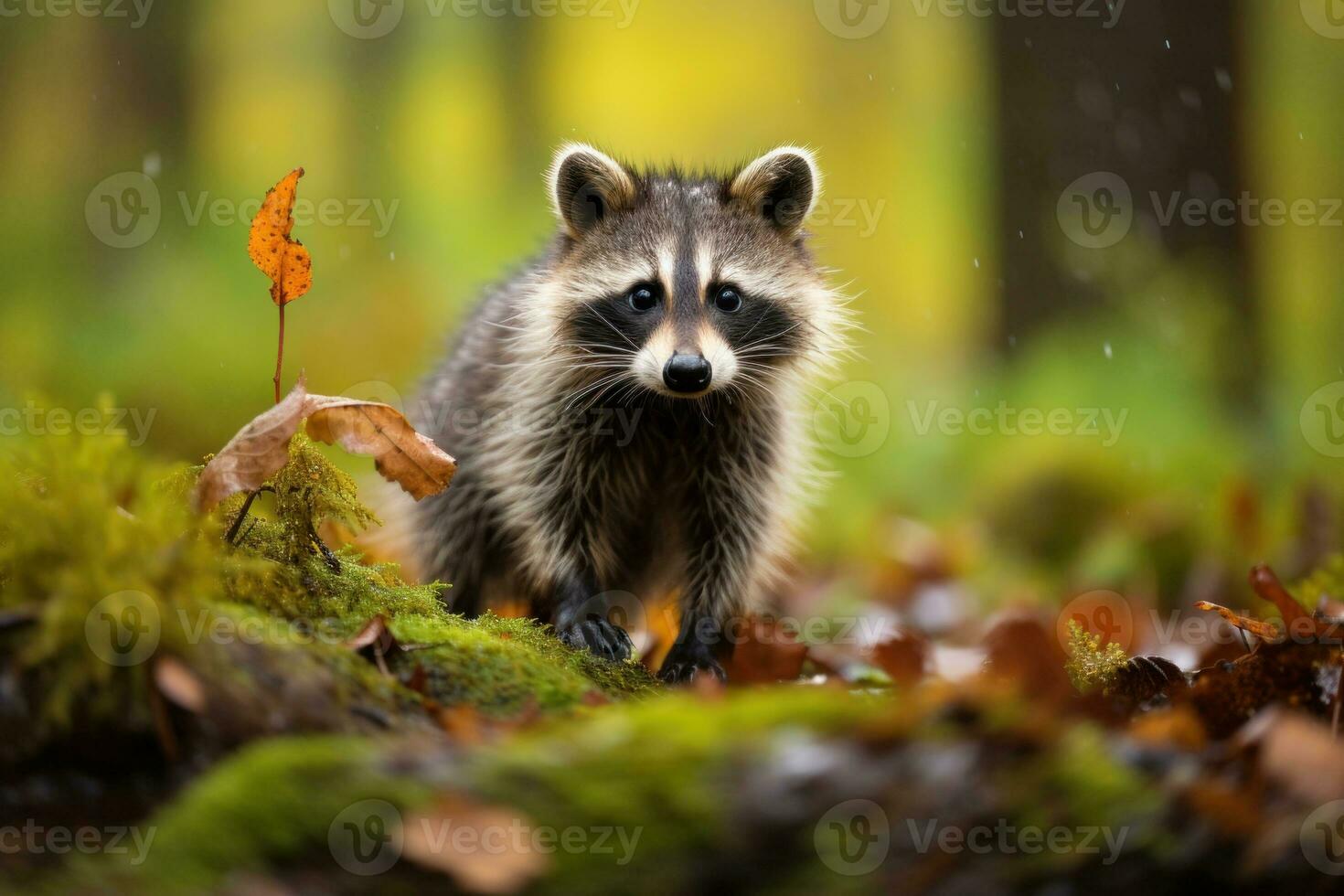 AI generated Cute Raccoon amidst a vibrant green forest, surrounded by leaves and moss. Animal in natural habitat. Ideal for wildlife and nature themes, nature magazines, websites photo